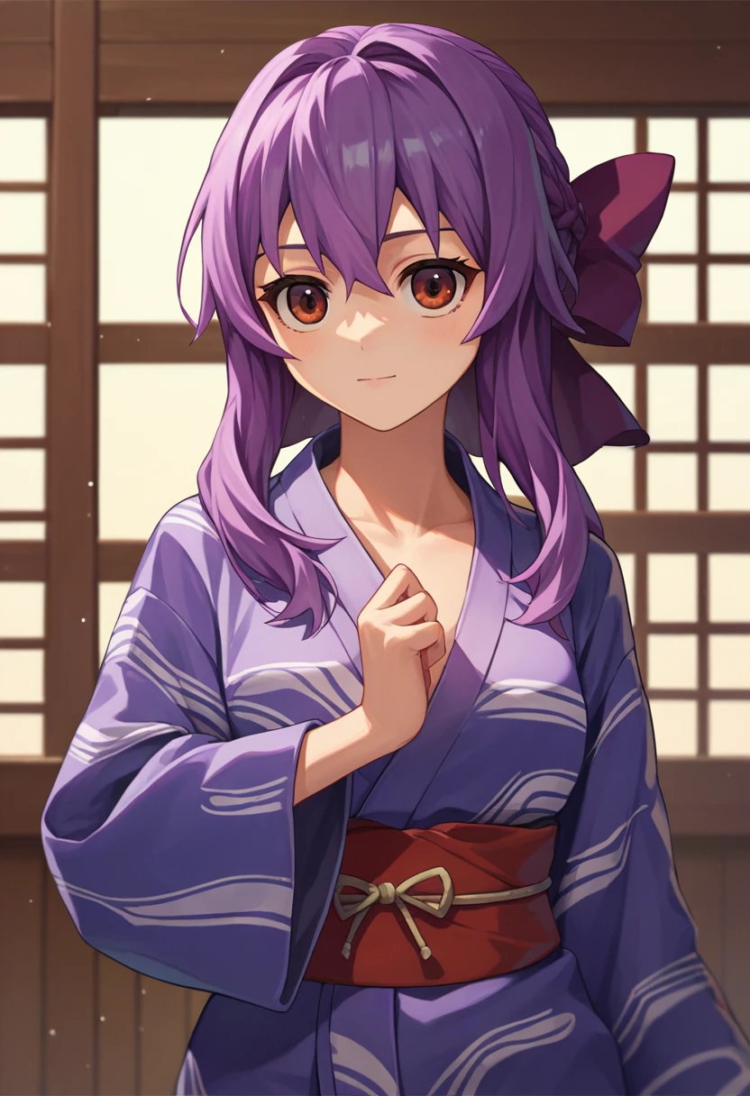score_9, score_8_up, score_7_up, source_anime,ShinoaRnd, purple hair, brown eyes, braided hair, purple hair bow, yukata, <lora:ShinoaXL1-000010:1>