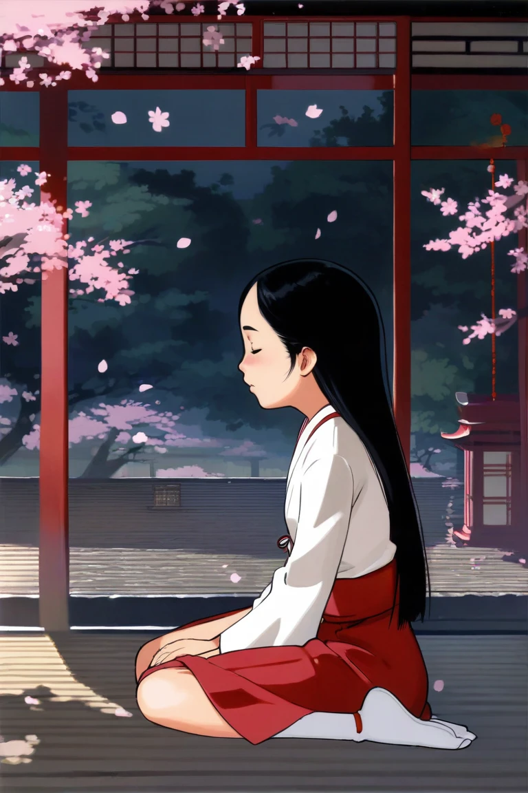 score_9, score_8_up, score_7_up, rating_safe BREAK
1girl, blunt bangs, forehead, extremely long hair, shiny black hair, closed eyes, flat chest, (praying), miko, red skirt, japanese clothes, tabi, on floor, (seiza), from side, full body, wide shot, shrine, cherry blossoms