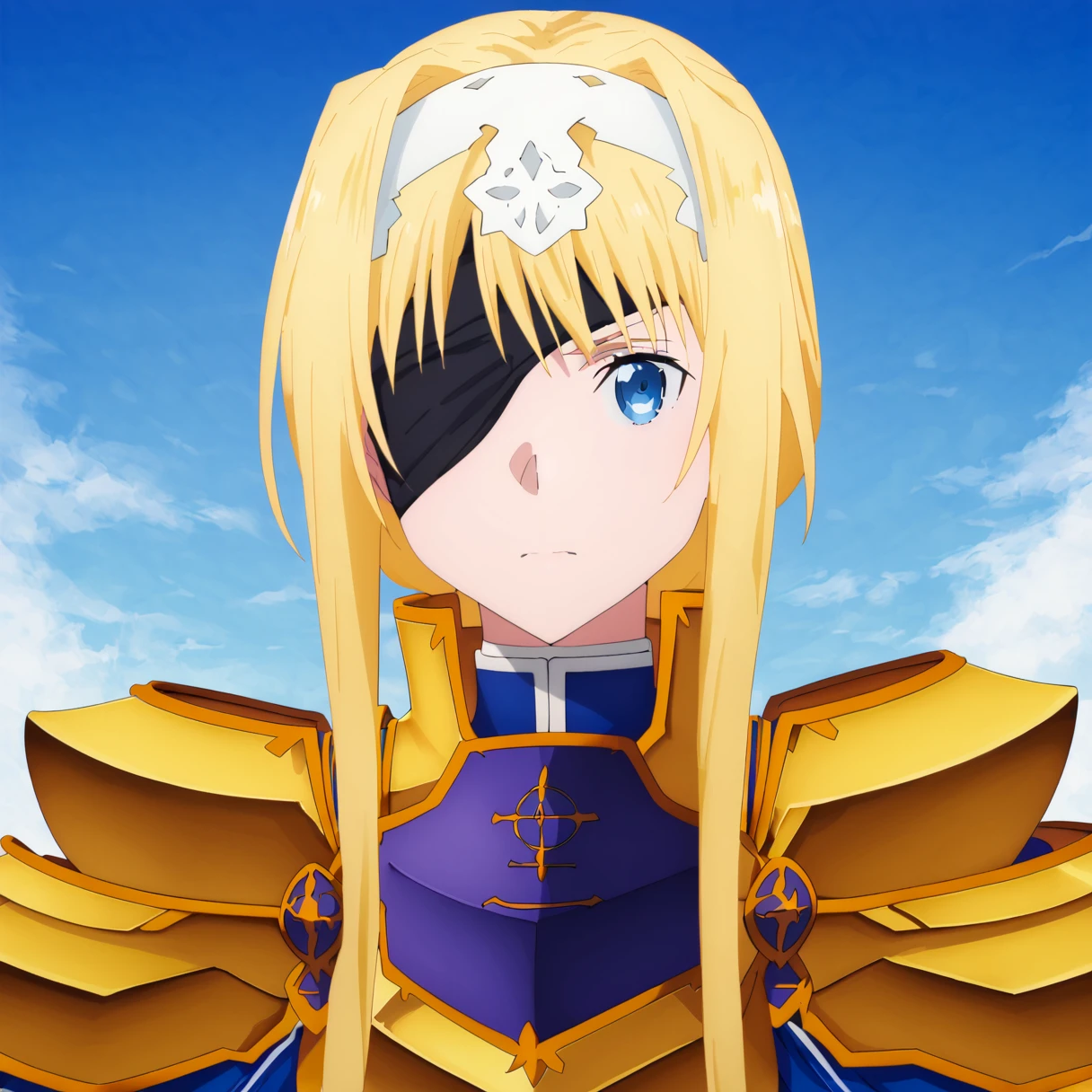 <lora:alice:1> alice, alice zuberg, 1girl, sky, blonde hair, solo, eyepatch, gold armor, white hairband, blue eyes, long hair, hairband, armor