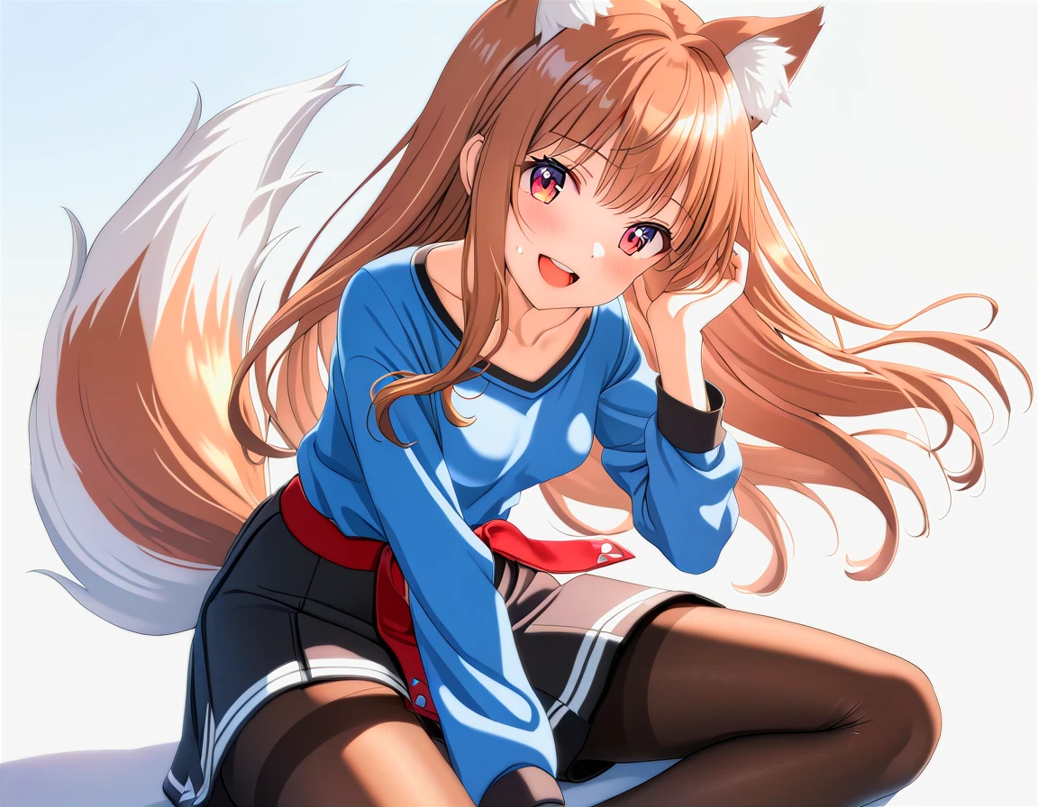 1girl,holo,:d,animal_ear_fluff,animal_ears,belt,between_legs,black_pantyhose,blue_shirt,breasts,brown_hair,collarbone,hand_between_legs,hand_up,long_hair,long_sleeves,looking_at_viewer,open_mouth,pantyhose,red_belt,red_eyes,shirt,sidelocks,simple_background,small_breasts,smile,solo,sweatdrop,tail,teeth,upper_teeth_only,white_background,wolf_ears,wolf_girl,wolf_tail,detailed eyes,detailed face,raytracing,highly detailed,anime style,absurdres,masterpiece,<lora:Anime_Enhancer_XL:1>,<lora:holo-spaceandwolfXLV1:0.7>,
