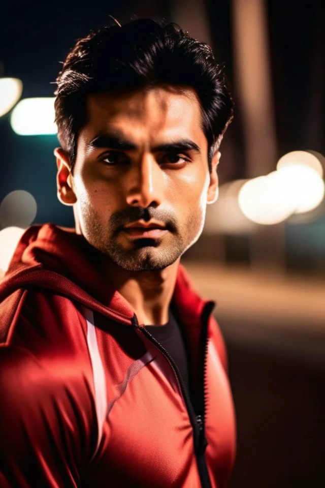 <lora:ishwak-singh_Sendhil-Ramamurthy:0.8> Sendhil Ramamurthy a man, realistic photo in a worn ((red tracksuit)), ((light bokeh)), intricate, (steel metal [rust]), elegant, sharp focus, photo by greg rutkowski, soft lighting, vibrant colors, (masterpiece), ((streets)), (detailed face), looking at viewer, light smile, night, walking towards viewer, cinematic lighting, beautiful lighting, cinematic lighting, (hazy filter, film grain:1.2)