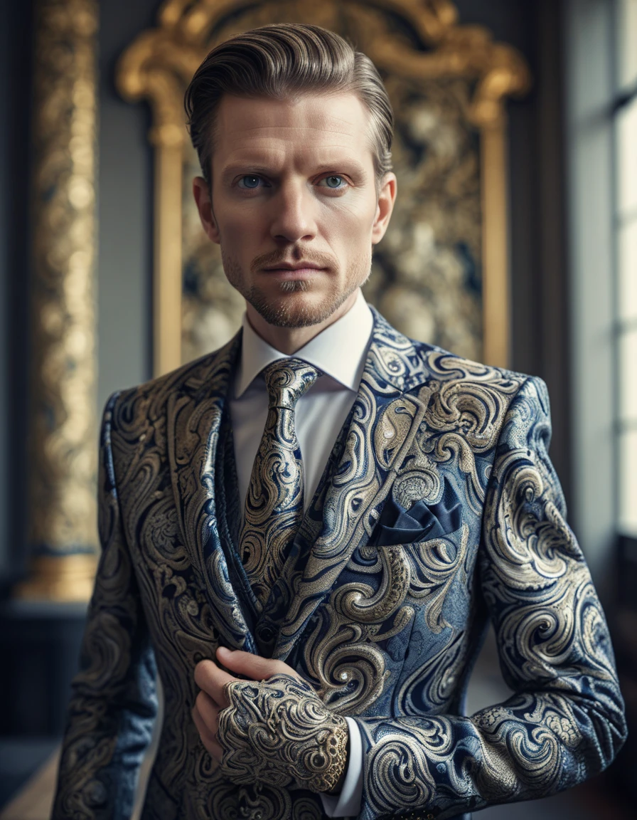 portrait of a man with an ornamental Libellus Novus styled business suit, soft focus, editorial shot, depth of field, stunning, intricately hyperdetailed, amazing depth, expansive details