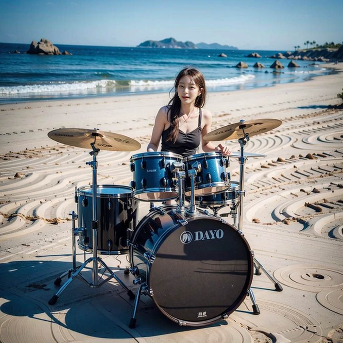 1girl, outdoor, drum, playing drum,  beach, day, 

masterpiece, best quality, 8k