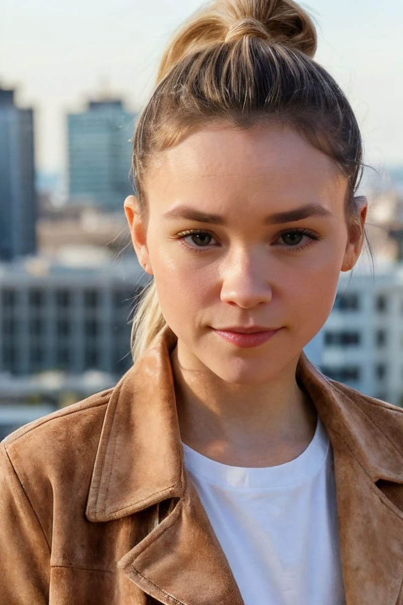 closeup headshot of S350_KhloeKingsley,a beautiful woman,in a (city:1.1),wearing a (suede-jacket:1.1),(ponytail),(4k, RAW photo, best quality, depth of field, ultra high res:1.1),(absurdres, intricate, photorealistic, masterpiece, ultra-detailed:1.1),