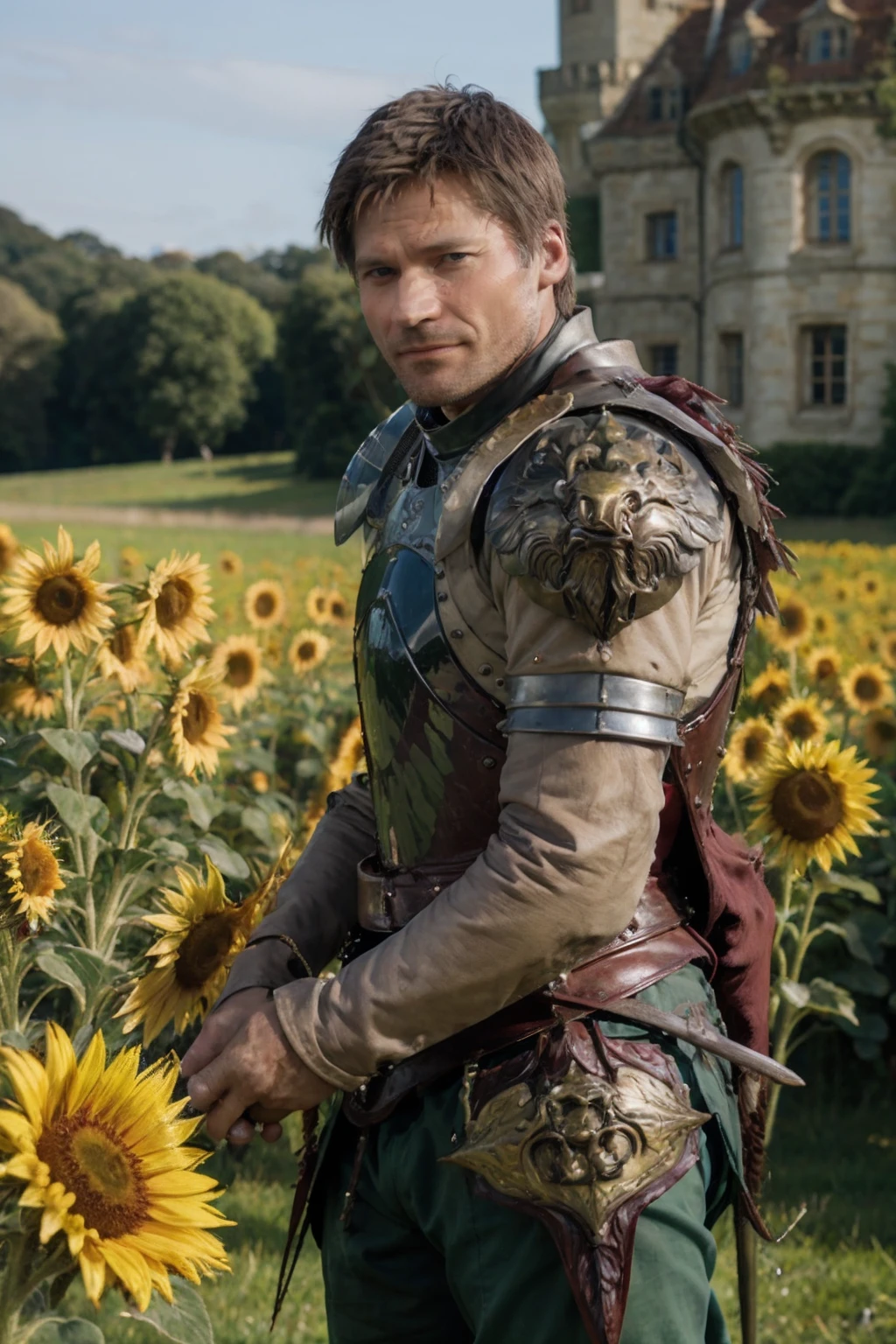 <lora:nicolajcoster:0.9> nicolajcoster a man wearing medieval armor, castle, sunflower field