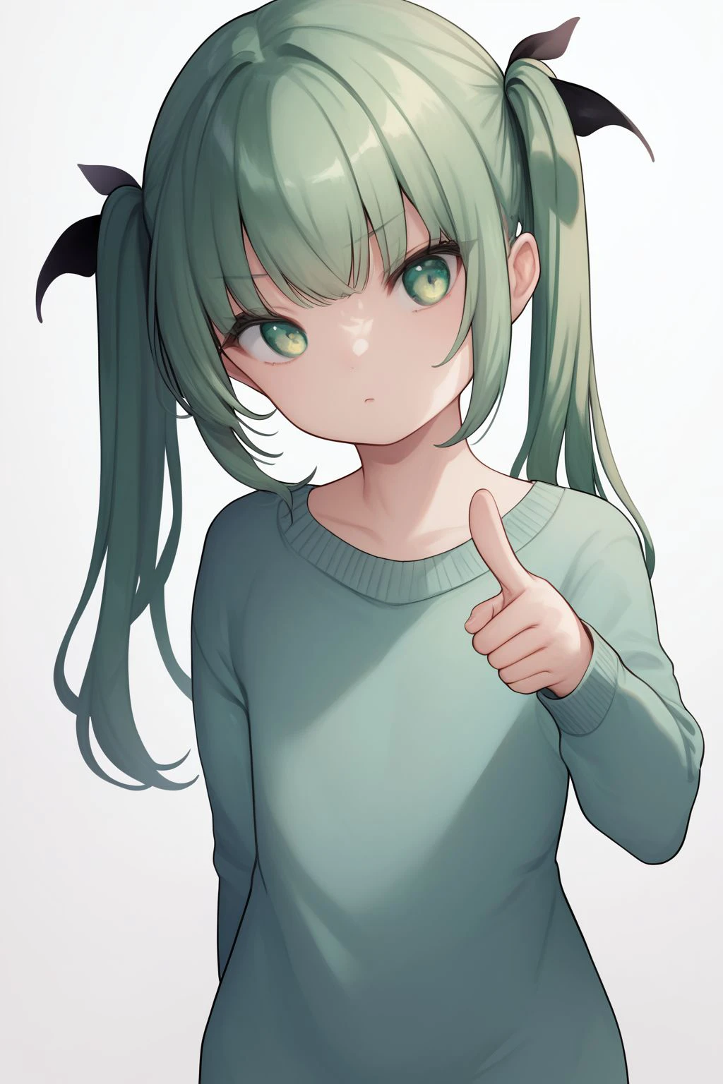 score_7_up, high resolution, 1girl, looking to the side, pointing forward, self-satisfaction, dark green hair, twintails, full bangs, light green eyes, flat chest, aqua sweater dress <lora:kedama_milk_PonyXL_style_v01.07:1>