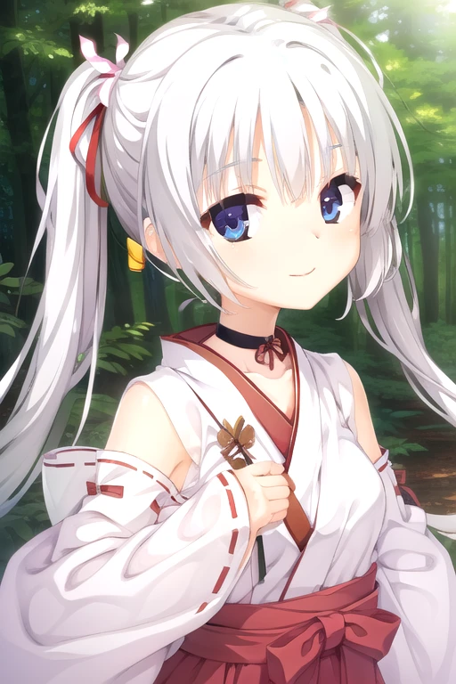 ((masterpiece)),(best quality),official art,extremely detailed CG,unity 8k wallpaper,ultra detailed,beautiful detailed eyes,extremely detailed face,forest,nature,1girl,solo,upper body,(portrait:1.5),looking at viewer,facing viewer,smile,(petite:1.2),Tomotake Yoshino,Tomotake Yoshino miko,very long hair,(white hair:1.1),hair ribbon,floating hair,twintails,hair intakes,hair flower,hair ornament,bangs,blue eyes,choker,japanese clothes,miko,white kimono,long sleeves,detached sleeves,ribbon-trimmed sleeves,wide sleeves,sleeves past wrists,medium breasts,long skirt,hakama skirt,red hakama,tabi,<lora:Youzi5-000025:0.5>,<lora:Tomotake Yoshino(sb):0.6>,