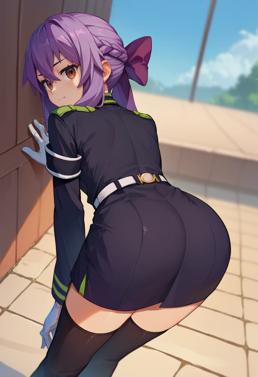 score_9, score_8_up, score_7_up, source_anime,ShinoaDef, purple hair, brown eyes, braided hair, purple hair bow,  black uniform, white armband, black thighhighs, white gloves, white belt, from behind,  bent over,   <lora:ShinoaXL1-000010:1>