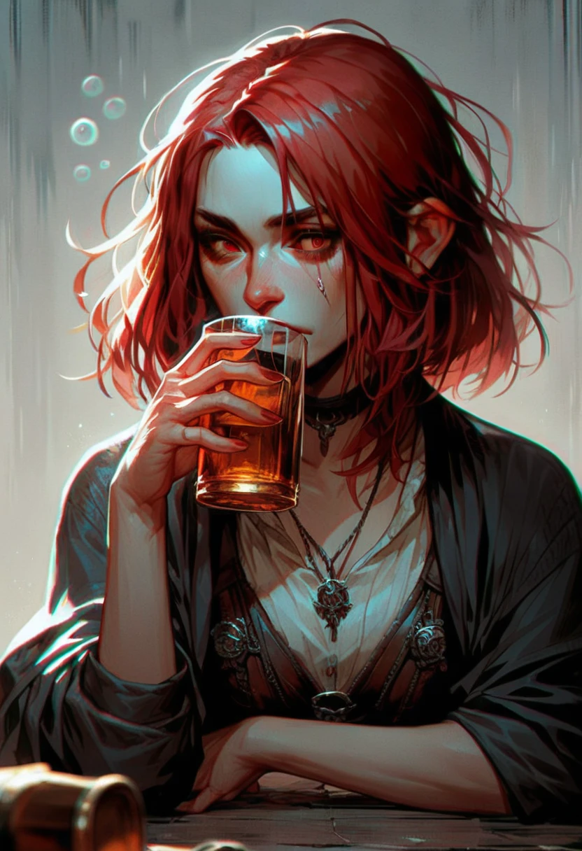 score_9, score_8_up, score_7_up, aline, red hair, red eyes, 1girl, leather armor, aloof, drunk <lora:person_aline_pony:0.8>
