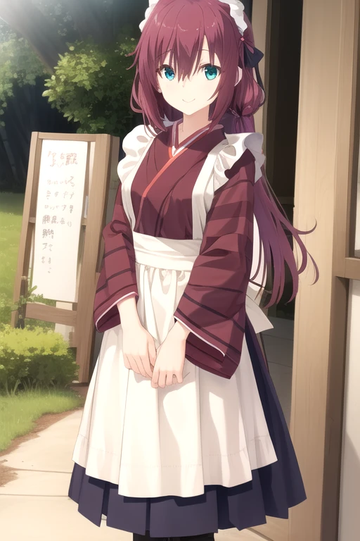 ((masterpiece)),(best quality),official art,extremely detailed CG,unity 8k wallpaper,ultra detailed,beautiful detailed eyes,extremely detailed face,forest,nature,1girl,solo,cowboy shot,looking at viewer,facing viewer,smile,(petite:1.2),Maniwa Roka,long hair,red hair,hair ribbon,hair bow,black bow,sidelocks,side swept bangs,hair between eyes,aqua eyes,white apron,maid apron,frilled apron,japanese clothes,red kimono,striped kimono,long sleeves,wide sleeves,large breasts,long skirt,hakama skirt,blue skirt,black pantyhose,brown footwear,boots,<lora:Maniwa Roka(sb):0.8>,