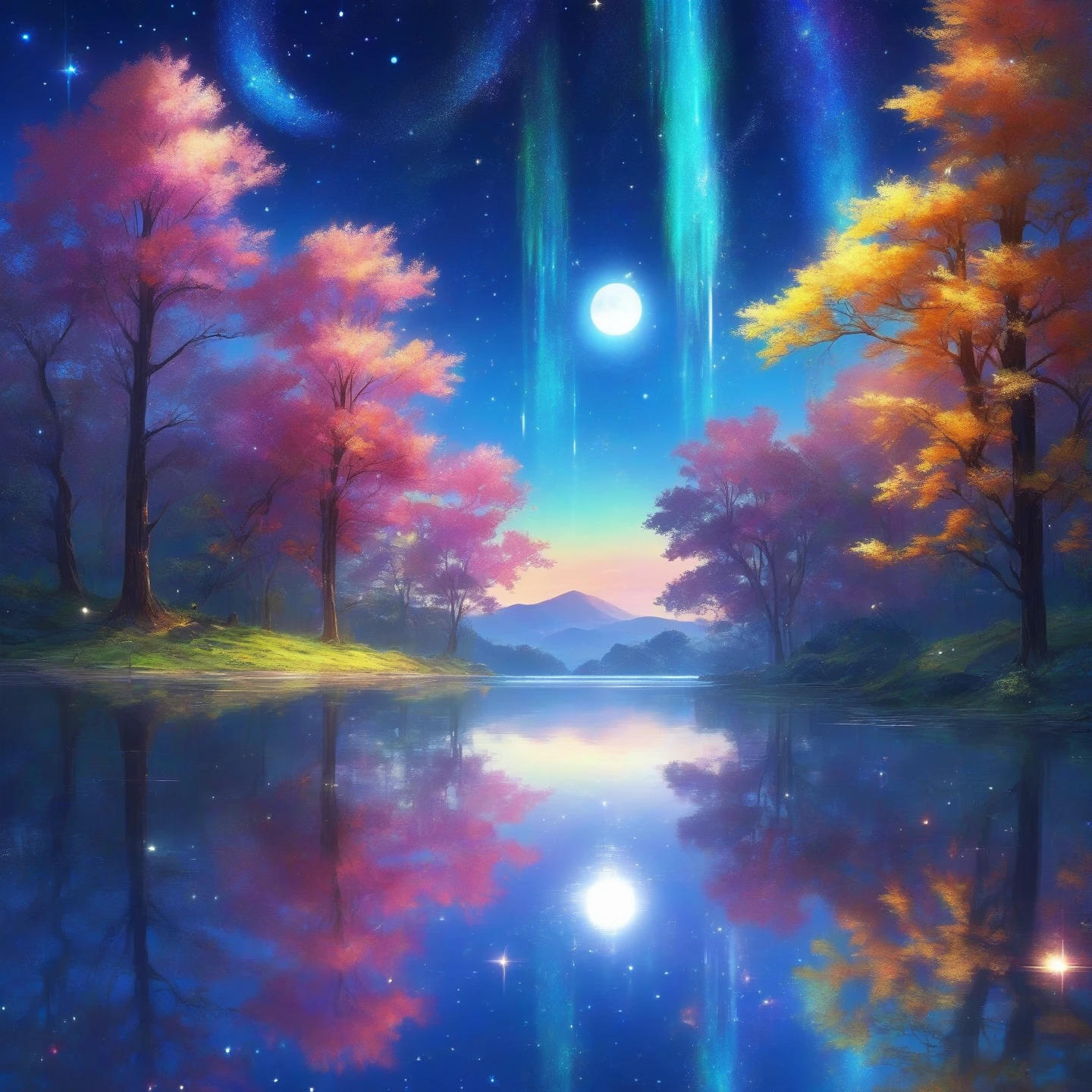 masterpiece, masterpiece, ultra-detail, meteor shower, comet, (moon:1.3), starry sky, lake reflection, dreamlike scene, colorful trees, anime CG, exquisite image
