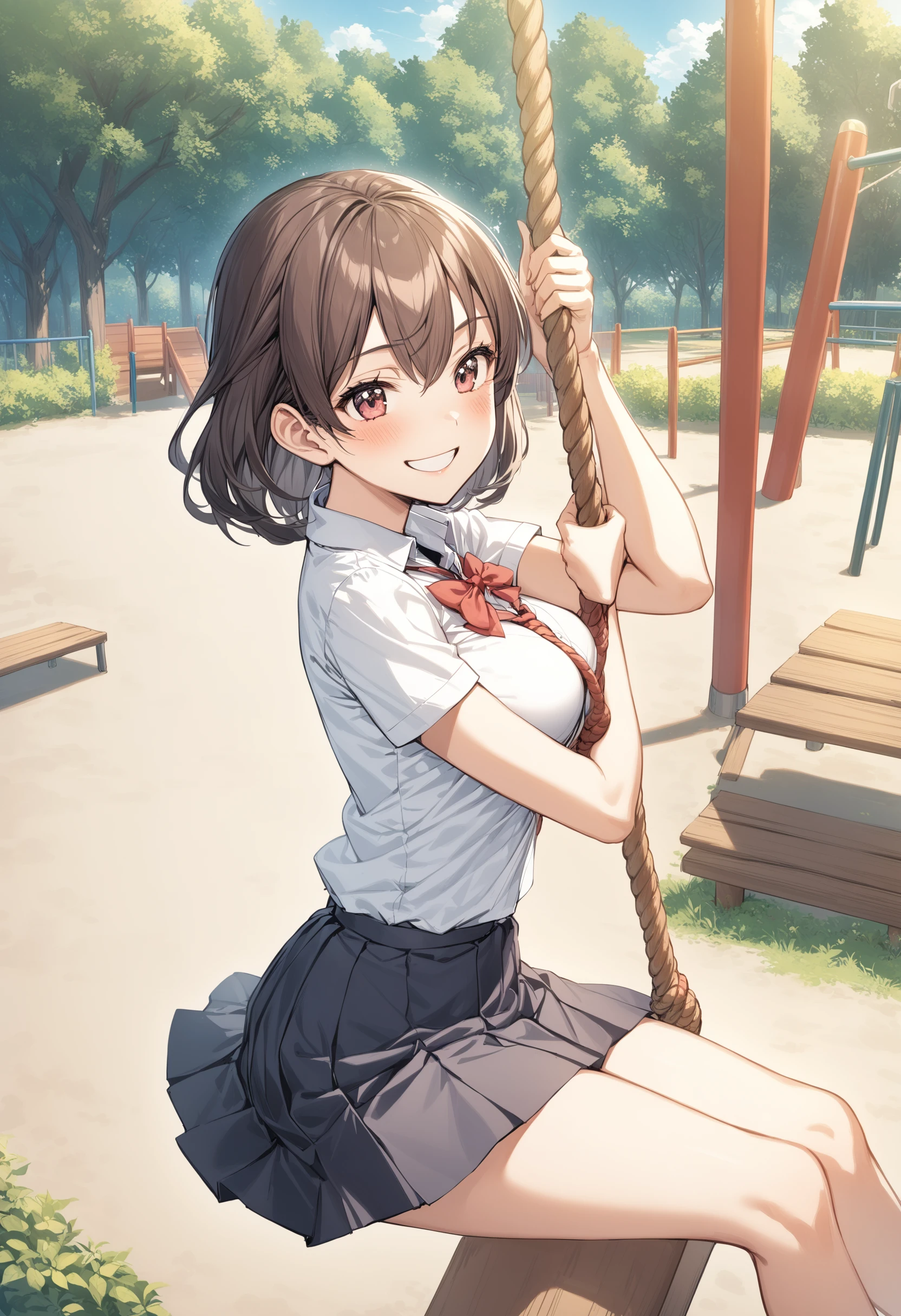 1girl, <lora:sdxl2-flat2-512b:-1>,medium breasts,school uniform,
tarzan rope, <lora:tarzanrope_XL_v1:0.6>,solo, outdoors, day, rope, smile, swing,playground,
best quality,medium quality,