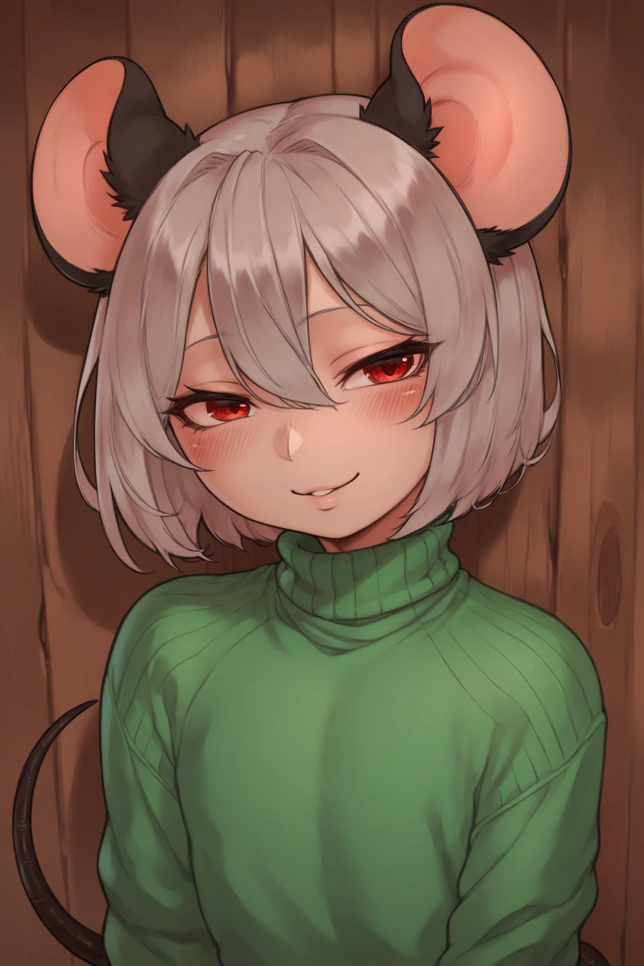 score_9, score_8_up, score_7_up, score_6_up, score_5_up, score_4_up, inside, wood wall, close-up, bust portrait, front view, hair between eyes, red eyes, looking at viewer, half-closed eyes, smile, blush, solo, female, humanoid, mouse humanoid, tail, bob cut, grey hair, flat chested, green sweater, turtleneck, head tilt