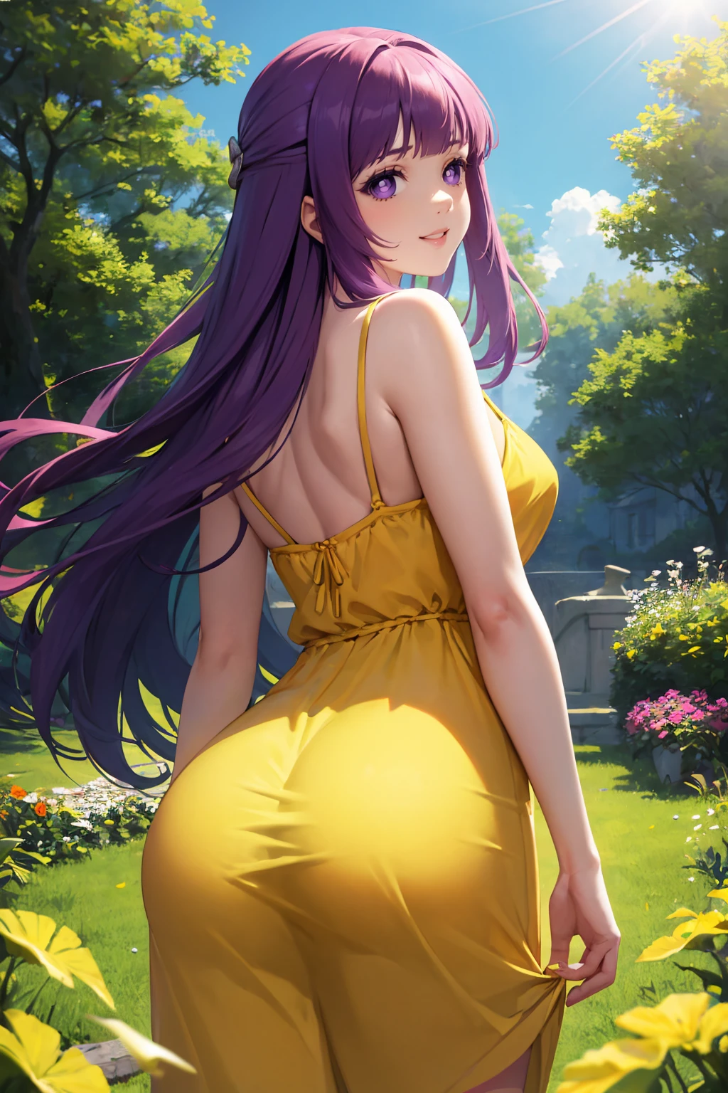 Young elf girl, long curly purple hair, elf ears, low ponytail, nice, yellow eyes, half-naked dress, open shoulders, open back, standing back, looking around, masterpiece:1.2, high quality, ultra-detailed, realistic:1.37, HDR, vivid colors, bokeh, portraits, landscape, professional, sharp focus, physically-based rendering
