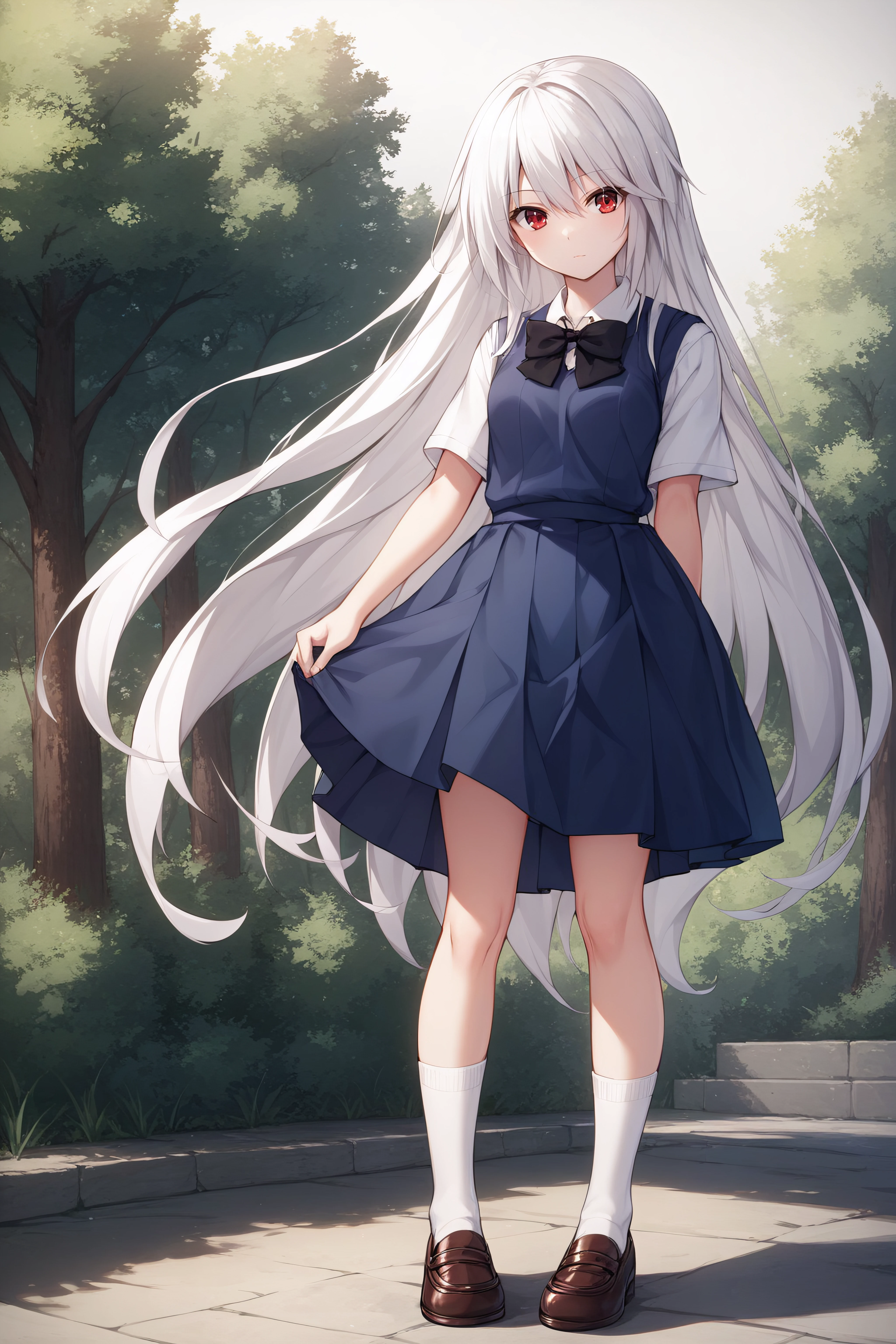 masterpiece, best quality, highres, kei1, 1girl, solo, blue eyes, long hair, white dress, short sleeves, ribbon, bangs, collarbone, gray hair, white skirt, adult appearance, anatomically correct body, hair ornament, black hair band, black pantyhose, neck ribbon, hair between eyes, medium breasts, sailor collar, back, outdoors, (wind: 1.4), panties: 1.3)