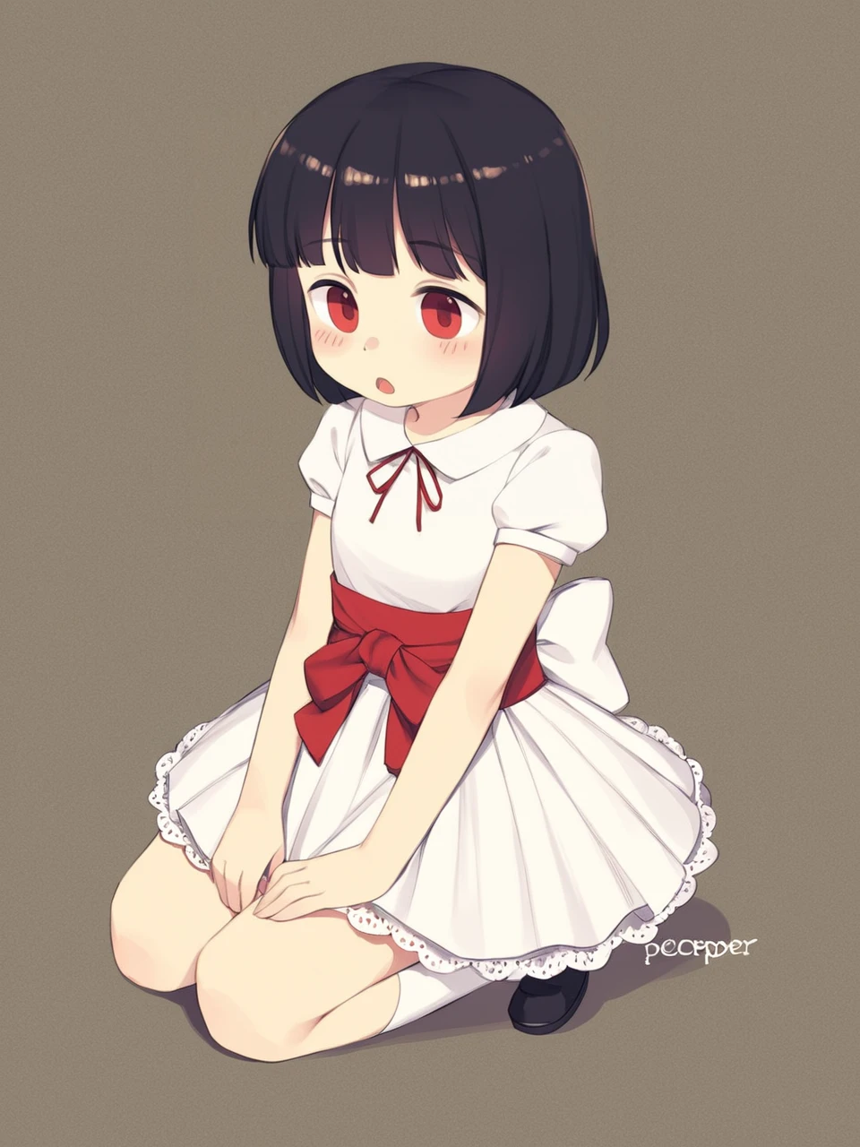 (art by npcpepper), sash, petticoat, resturant, kneeling,