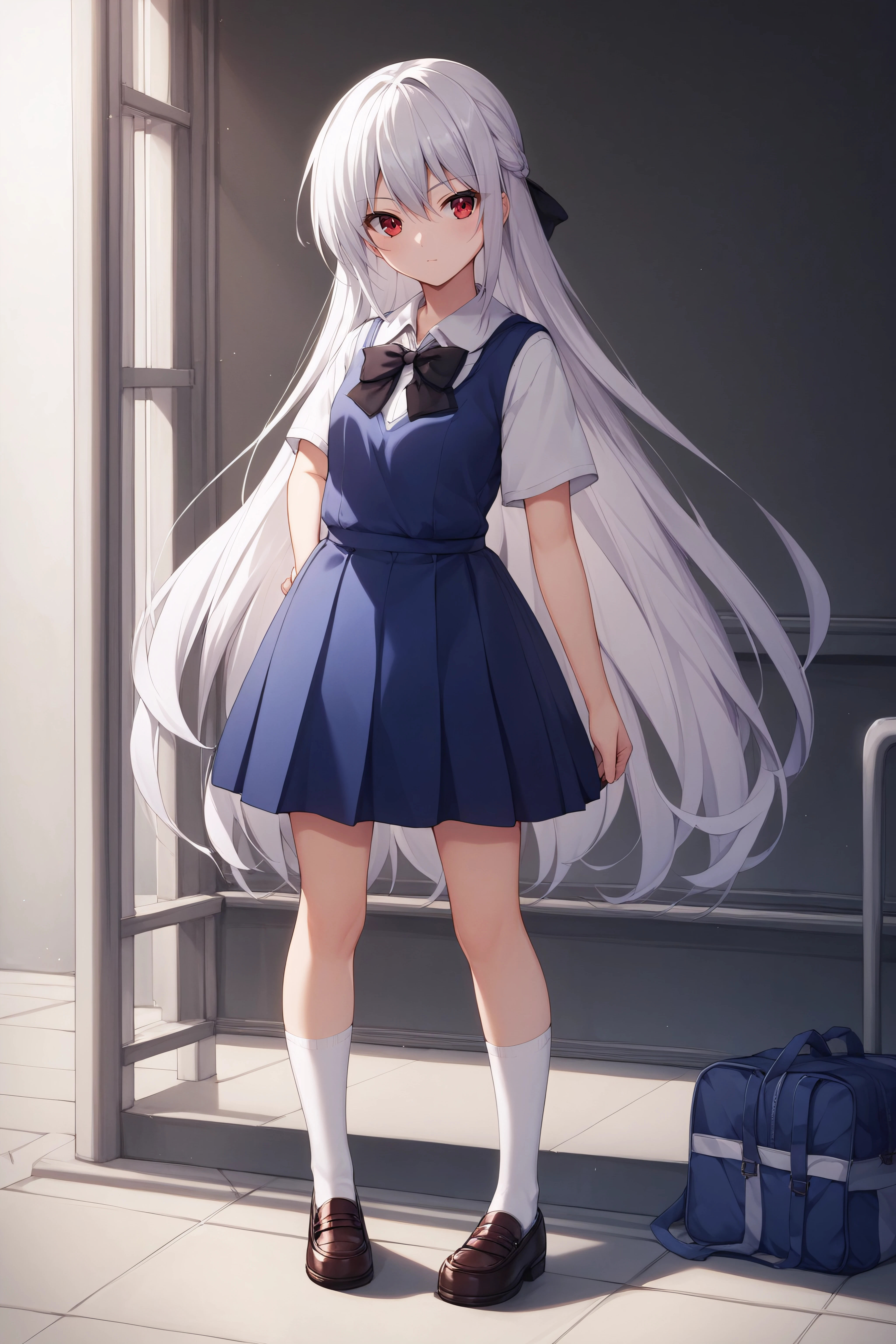score_9, score_8_up, score_7_up, score_6_up, score_5_up, score_4_up, BREAK source_anime, <lora:kazuki kazami-sdxl-lora-Faxtron:0.7> kazuki kazami, red eyes, white hair, very long hair, school dress, black bow, socks, shoes,