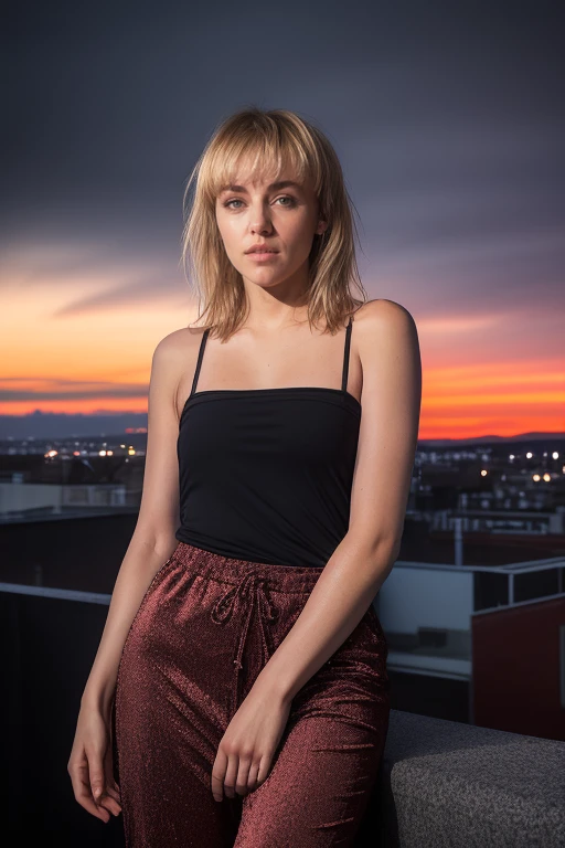 DEN_danielle_sharp,
(cityscape:1.2) scene posing on the (rooftops:1.2) at (sunset:1.2) wearing clothes, wearing trousers and a top, (plain top:1.2), (top:1.2), (trousers:1.2), (cityscape:1.2), (night time sunset sky:1.3), (dark:1.1), (evening:1.2), vibrant sky colours,
bokeh, f1.4, 40mm, photorealistic, raw, 8k, textured skin, skin pores, intricate details <lora:epi_noiseoffset2:1>, epiCRealism <lora:ClothingAdjuster3:-1.3>