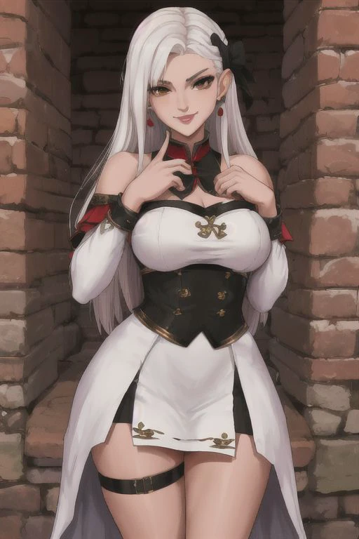 (best quality), (masterpiece), ((young woman)), (((white hair))), (slim and busty), (brown eyes), ((dress)), (1 person), (high quality hands), (black lips), (solo), (human ear), ((((perfect hands)))),, ((thicc)), (red highlights), (perfect fingers), ((long hair)), ((5 finger)) , (smirk), (((thightheels))), (2 arms), (smile)