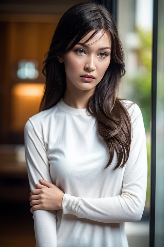 1girl,solo,looking at viewer,ribbon,long sleeves,upper body,dress,
best quality,masterpiece,illustration,an extremely delicate and beautiful,CG,unity,8k wallpaper,Amazing,finely detail,official art,extremely detailed CG unity 8k wallpaper,incredibly absurdres,huge filesize,ultra-detailed,highres,extremely detailed,beautiful detailed girl,realistic,light contrast,<lora:Bella Hadid_20240314110648:0.8>,