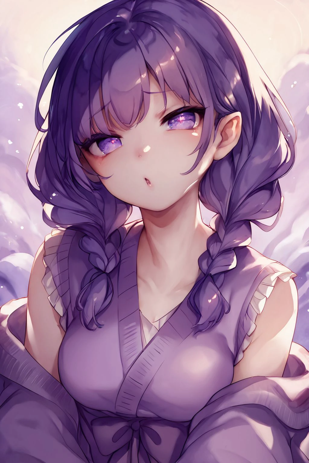score_9, score_8_up, score_7_up, high resolution, 1girl, looking at viewer, beautiful face, detailed pupils, fucked silly, dark purple hair, tri braids, single hair intake, dark purple eyes, medium breasts, purple cardigan vest, sidelighting, mosaic background <lora:kedama_milk_PonyXL_style_v02:1>