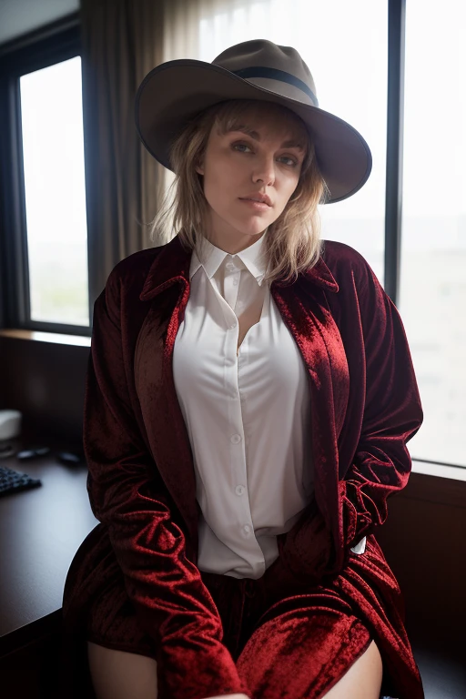 DEN_danielle_sharp,
a 1940s private investigator wearing a trench coat and rimmed hat sitting in a drab dank office at the desk using a typewriter, private investigator, 1940s,
bokeh, f1.4, 40mm, photorealistic, raw, 8k, textured skin, skin pores, intricate details <lora:epi_noiseoffset2:1>, epiCRealism <lora:ClothingAdjuster3:-1.3>
