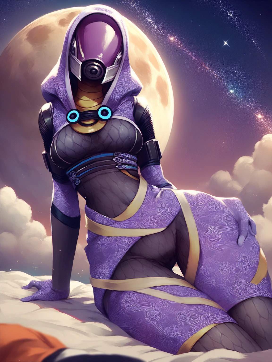 score_9, score_8_up, score_7_up, score_6_up, score_5_up, score_4_up, source_anime, by kos, tali, (tali'zorah, quarian:1.2), 1girl, solo, breasts, 3 fingers, purple skin, (helmet, faceless), thigh gap, wide hips, clothing, clothed, fully clothed, green neckerchief, starry sky, faceless human
<lora:talizorah_pdxl_:1>