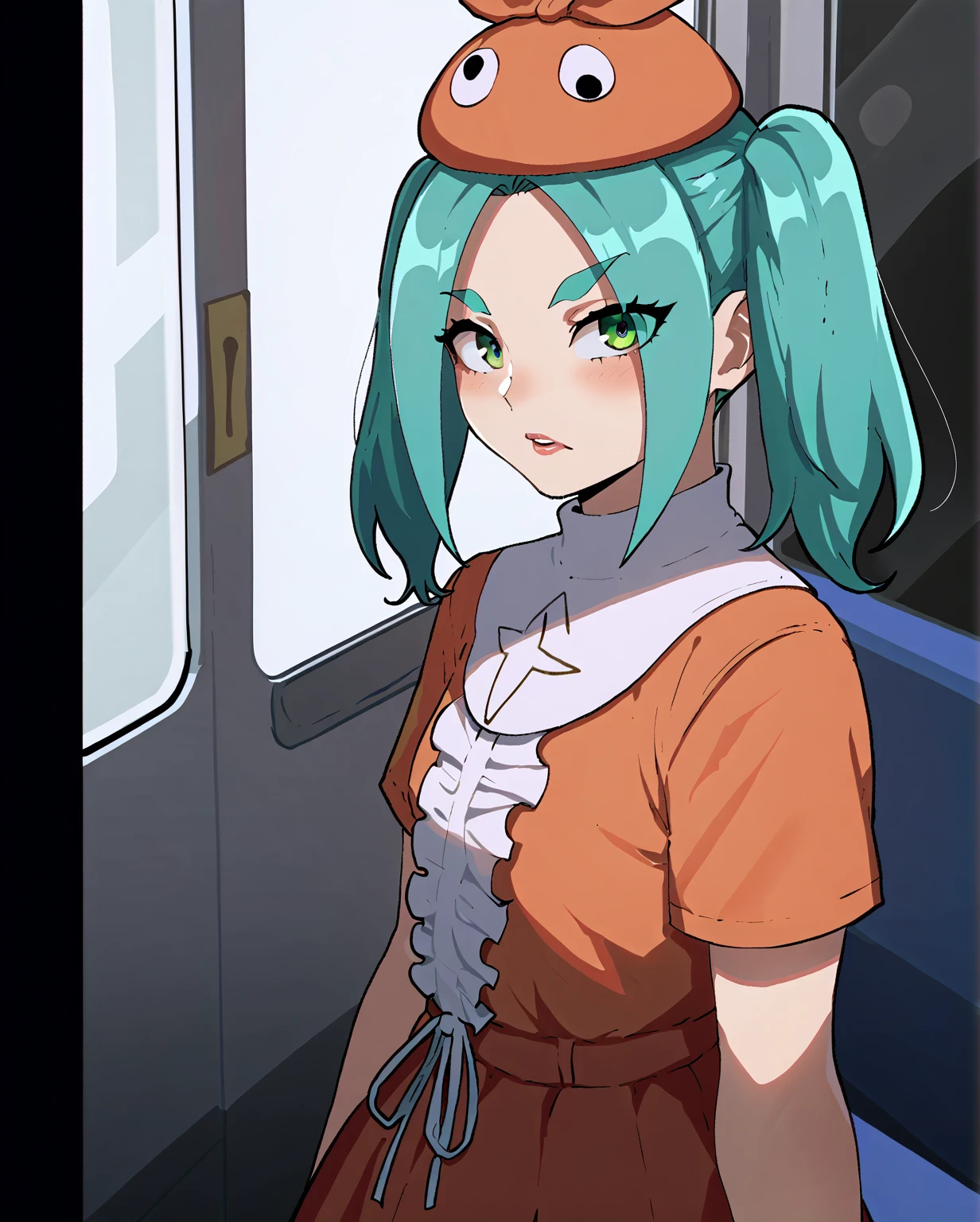 score_8_up, score_7_up, score_6_up, score_5_up, score_4_up, anime screencap, looking at viewer,
<lora:Yotsugi Ononoki (Autism XL)-000009:0.6> ononoki yotsugi, 1girl, solo, highres, twintails, aqua hair, green eyes, thick eyebrows, orange headwear, orange dress, striped thighhighs, upper body,
<lora:Nyantcha (Autism Mix XL):1> nyantcha,
train interior,