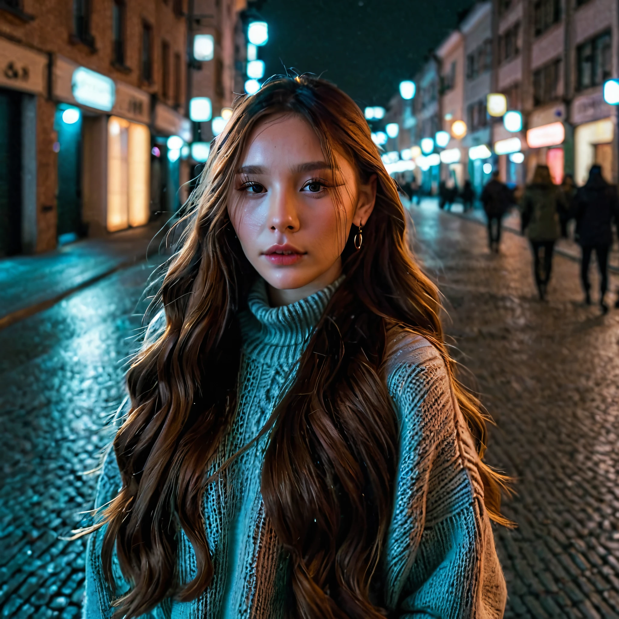 woman,round earrings,long hair,close-up,front view,F/1.8,volumetric lighting,wearing sweater,highly detailed skin,pores,night,city street, <lora:cute girl:1>