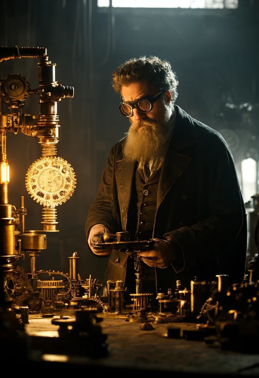 old man with a messy white beard wearing brass goggles, workshop table, (cogs, gears and clockwork robotics everywhere:1.2), deep shadows, dimly lit with an amber gas lamp, cinematic film still, directed by Denis Villeneuve|Zack Snyder, steampunk masterpiece, (victorian style:1.2)