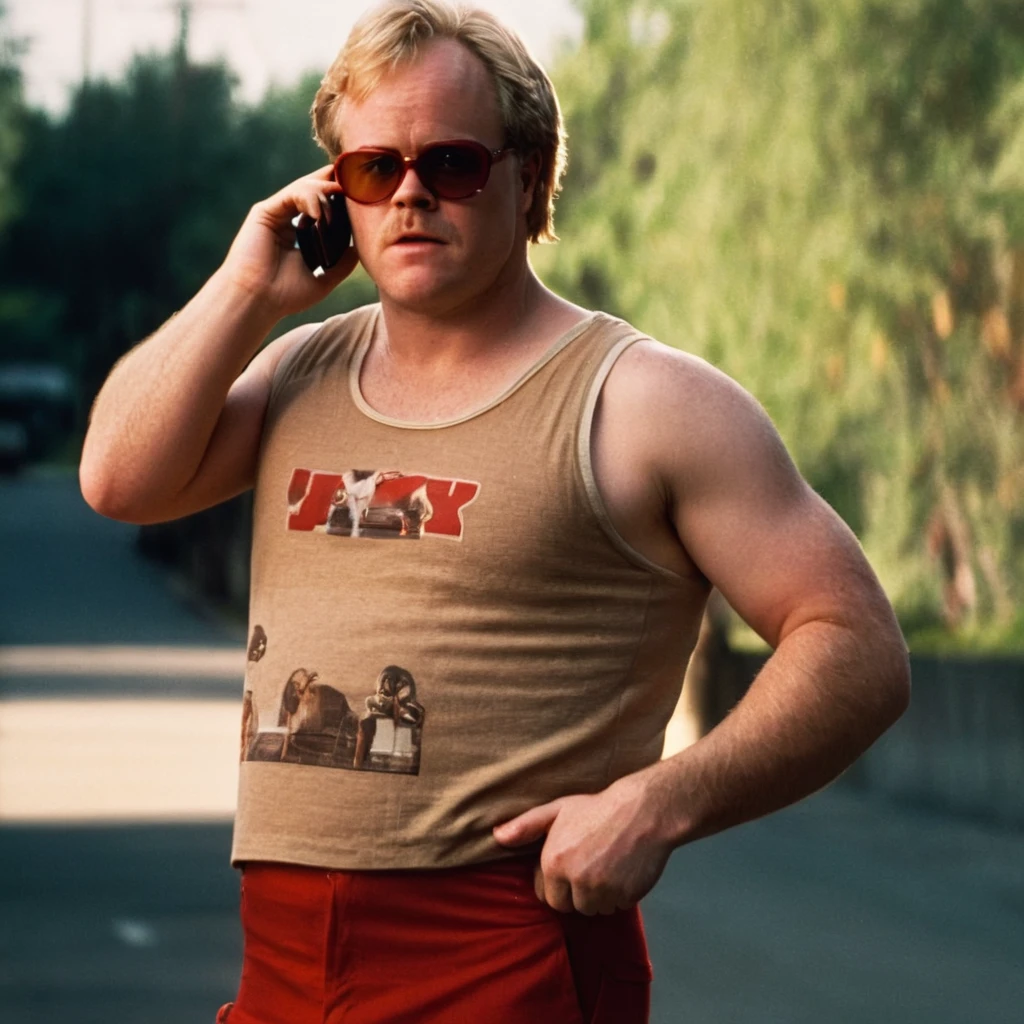 cinematic film still of <lora:Boogie Nights:1>
In the 1970's Scotty J Philip Seymour Hoffman a blonde man with big belly in a tank top and red pants talking on a cell phone,1girl,solo,looking at viewer,short hair,brown hair,outdoors,sunglasses,tank top,realistic,adjusting eyewear,red shorts,red pants,looking over eyewear , dramatic light, dramatic shadow light, contrast, cinematic color, cinematic look, filmic, realistic, realism, perfection, perfect, Kodak, Kodak film, movie still, Boogie Nights style, Boogie Nights Film style, shallow depth of field, vignette, highly detailed, high budget, bokeh, cinemascope, moody, epic, gorgeous, film grain, grainy