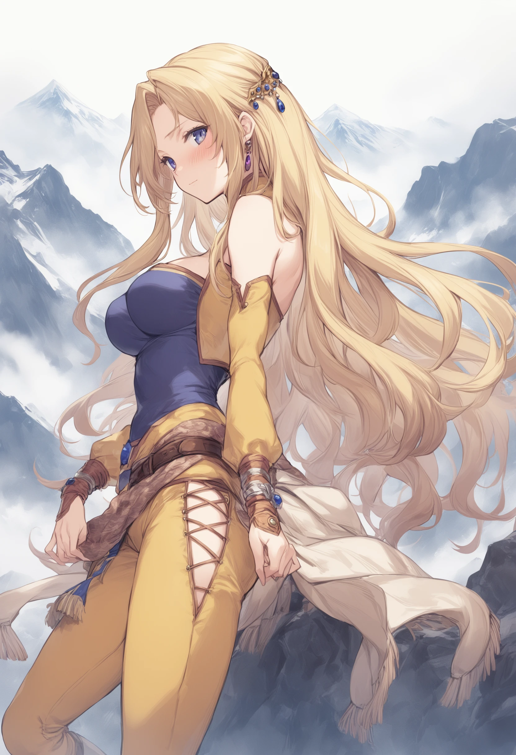 1girl, celes chere, final fantasy vi,solo,<lora:sdxl2-flat2-512b:-1>
<lora:celes_amano_XL_v1:0.6>,blonde hair, blue eyes, hair ornament, large breasts,detached sleeves, bare shoulders, very long hair, wavy hair, vest, yellow pants, belt, jewelry, fringe trim, tassel, cropped jacket, long sleeves, bodysuit, clothing cutout, shoulder cutout, blue leotard, strapless,
from side, cowboy shot, looking at viewer, embarrassed, mountain, closed mouth,
masterpiece, best quality,
