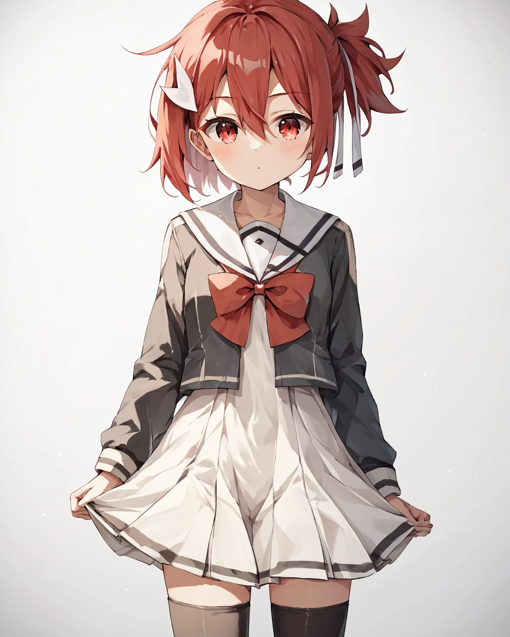 score_9, score_8_up, score_7_up, score_6_up, score_5_up, score_4_up, BREAK source_anime,
<lora:Yuuki_Yuna_PONY:1>,1girl, solo, hair ornament,hair ribbon,hair between eyes,red hair,red eyes,short side ponytail,black thighhighs,bow, ribbon,school uniform,white dress,