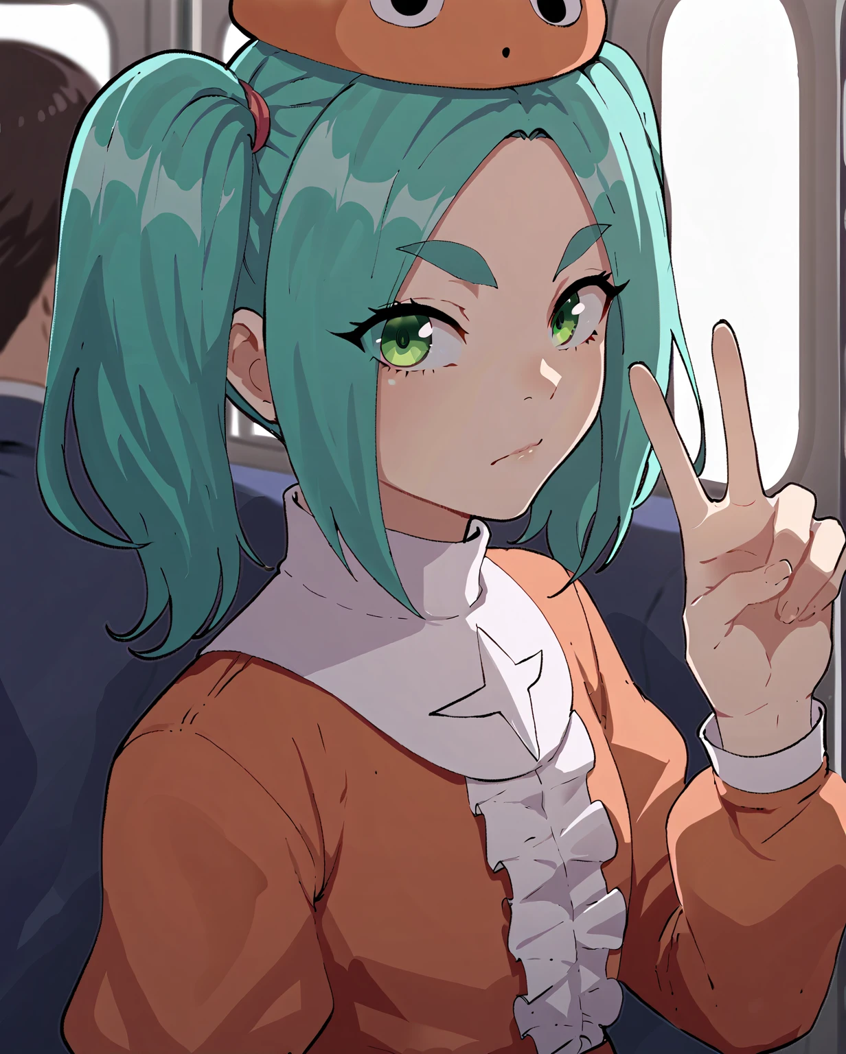 score_8_up, score_7_up, score_6_up, score_5_up, score_4_up, anime screencap, looking at viewer,
<lora:Yotsugi Ononoki (Autism XL)-000009:0.6> ononoki yotsugi, 1girl, solo, highres, twintails, aqua hair, green eyes, thick eyebrows, orange headwear, orange dress, striped thighhighs, upper body, v, expressionless,
<lora:Nyantcha (Autism Mix XL):1> nyantcha,
train interior,