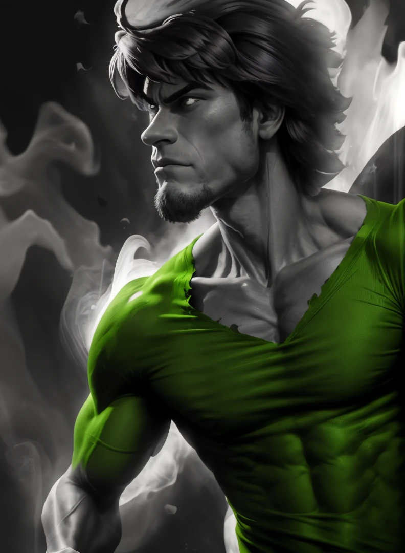 solo, 1boy, male focus, brown hair, green shirt,white flame aura,epic,monochrome,green shirt,buffed,grumpy face,10% power level, <lora:Shaggy_RogersSD:1>