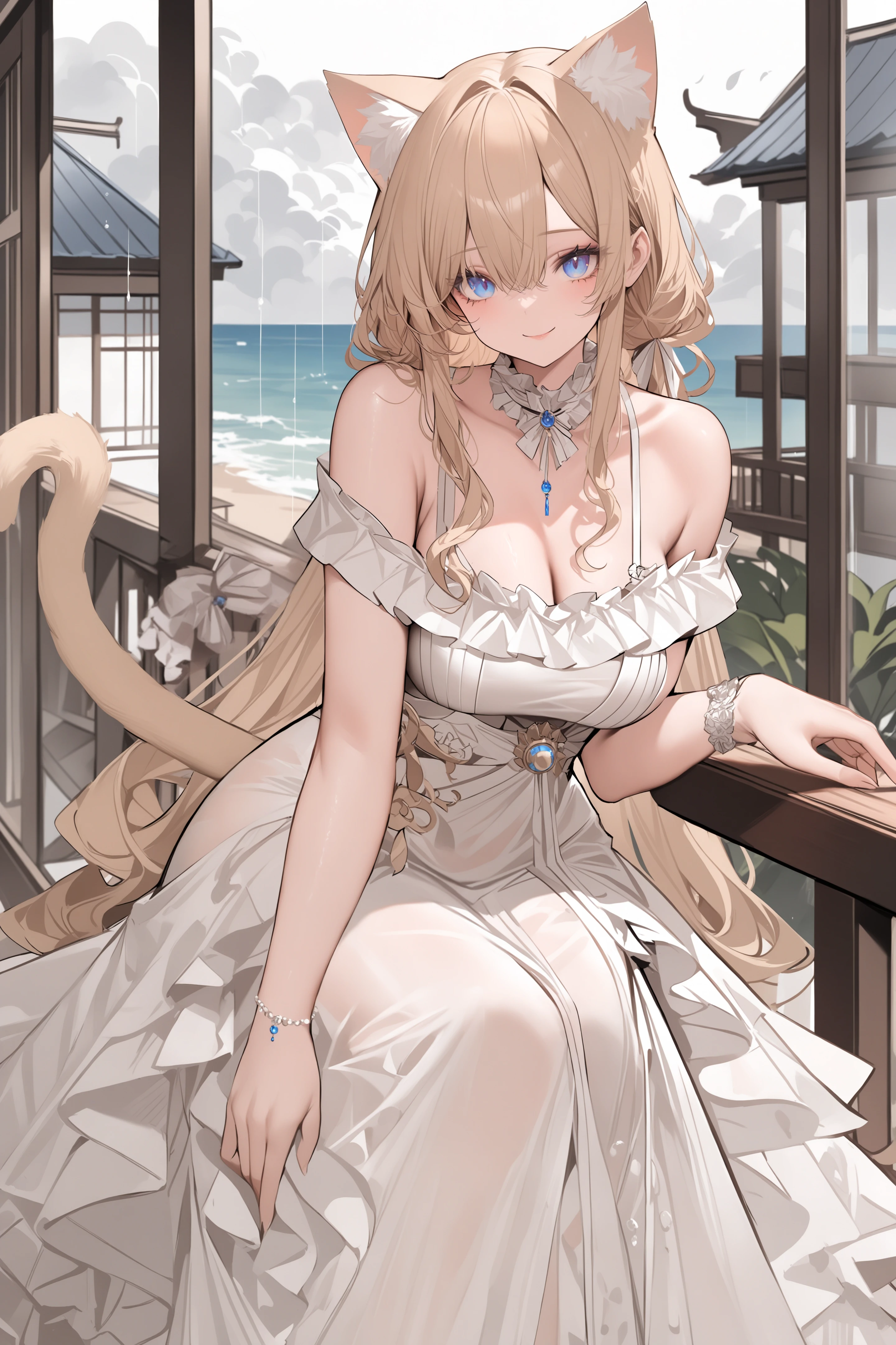 virtual youtuber,1girl,milf,<lora:style_dishwasher1910_Kohaku_XL:0.8>,dishwasher1910,
frilled dress,white evening gown,long dress,spaghetti strap,bare shoulders,
looking at viewer,upper body,front view,smile,
seaside house,balcony,raining outside,overcast,hanazono serena,serena ears,serena tail,long hair,blonde hair,blue eyes,cat girl,cat ears,cat tail,masterpiece,newest,absurdres,