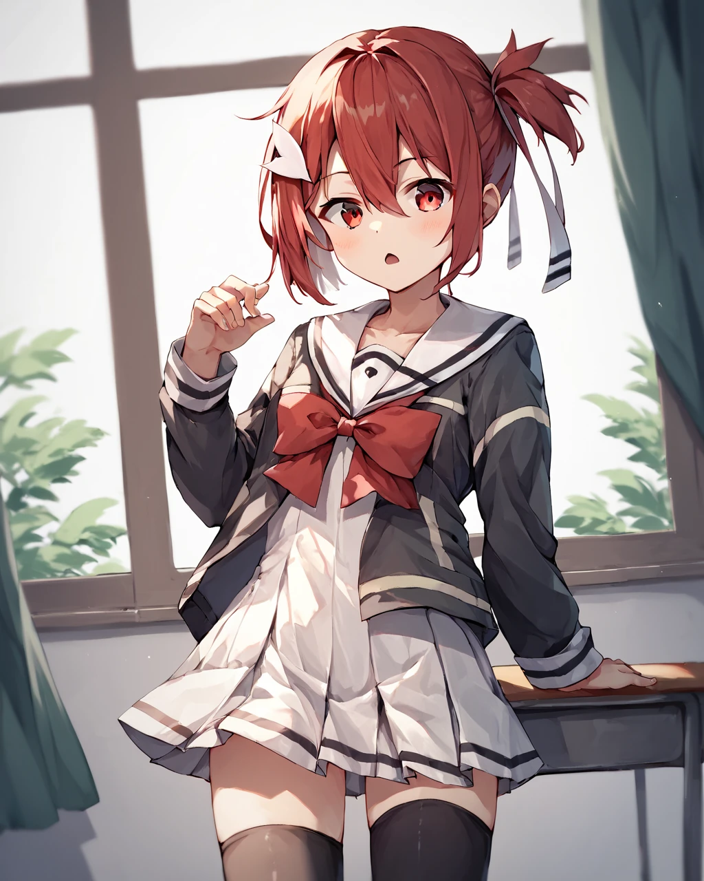 1 da Anime Linda De cabelo Rosa Longo, It's red eyes., com pernas abertas, is With School Skirt, mostrando Roupas Intimas, it's Japanese high school clothing, com estrela nos olhos, imagem Estilo Novel de anime, Roupas Intimas Brancas, com calsinha branca, colegial senda em uma mesa de pernas abertas, mostrando Roupas Intimas, his face is flushed, com vergonha, wearing pantyhose, ((imagem Estilo Novel de anime)), ((corpo inteiro)), ((With Underwear there is Sample))