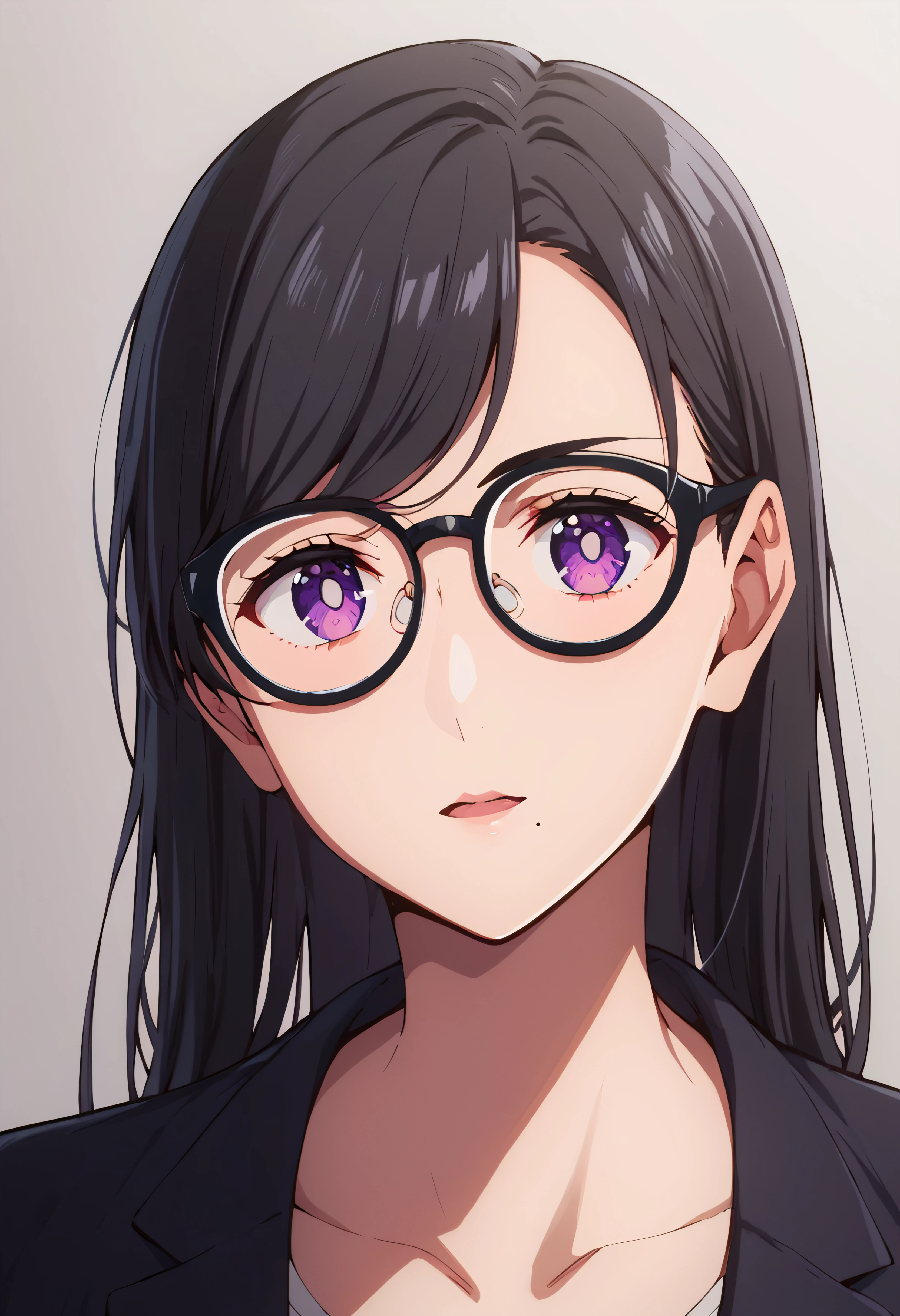 score_9, score_8_up,<lora:Hizuru-000008:1>, hizuru, 1girl, black hair, glasses, looking at viewer, mole under mouth, purple eyes, solo