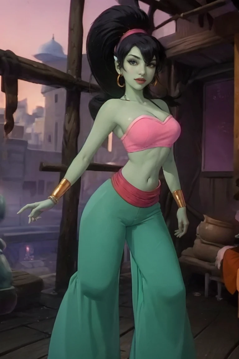wading,looking at viewer,solo,water, sunset, onsen, wisteria,moody lighting, BREAK, 1girl, solo,
CARTOON_eden_genie_aladdintv_ownwaifu, www.ownwaifu.com,
((green skin)), colored skin, black hair, pointy ears, long hair, ponytail, hoop earrings, breasts, makeup, lipstick, red lips, big hair, very long hair, medium breasts, large breasts, narrow waist, curvy, tall female, high ponytail, hairband, bracelet,
jewelry, earrings, strapless, midriff, navel, bare shoulders, tube top, bandeau, cleavage, baggy pants, see-through, see-through pants, harem pants,
<lora:CARTOON_eden_genie_aladdintv_ownwaifu-15:1>