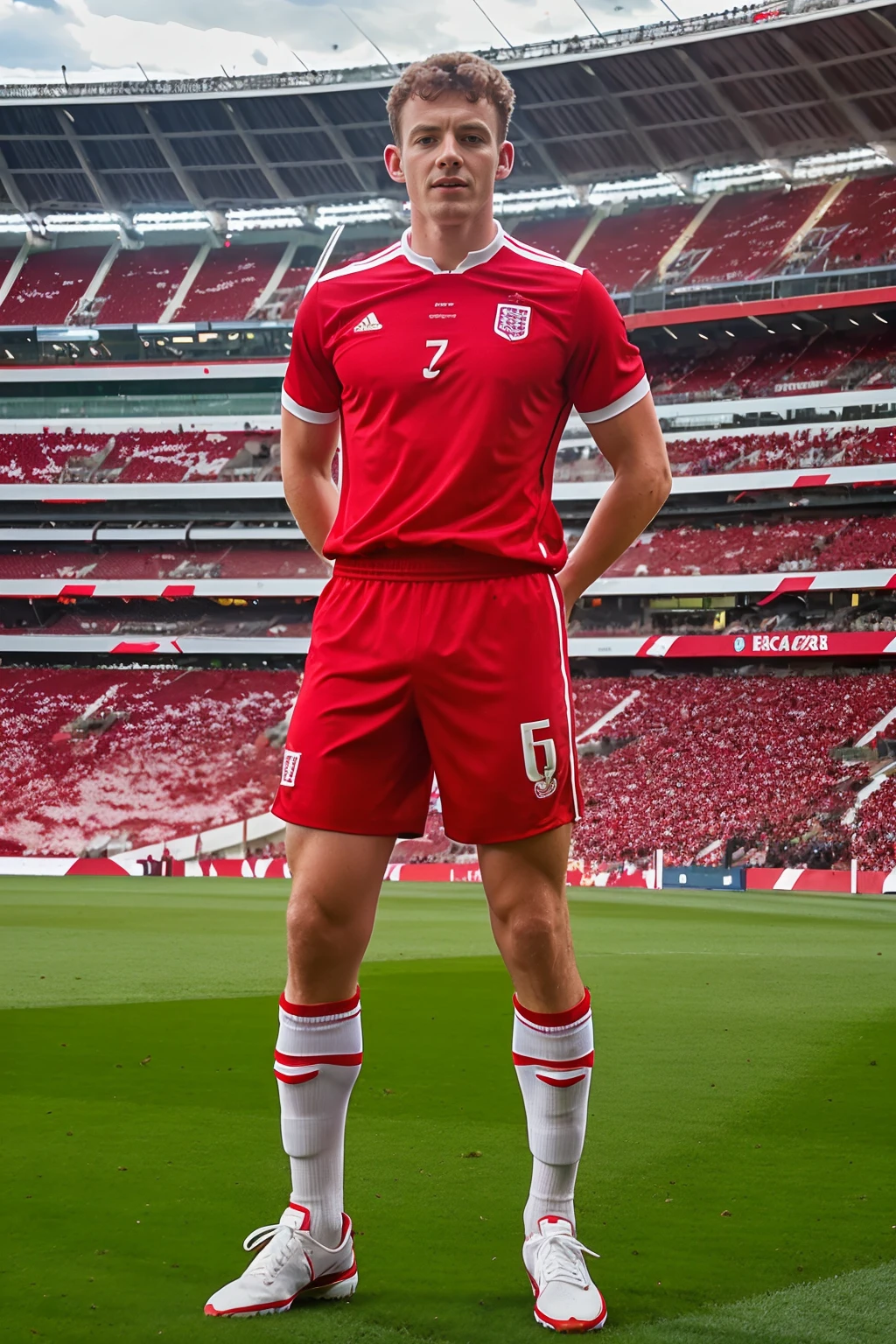 Wembley Stadium, grass field, TomSutcliffe wearing the English national soccer team uniform, (red soccer jersey), red soccer shorts, (red socks), ((white sneakers)), soccer ball, (((full body portrait))), wide angle <lora:TomSutcliffe:0.8>