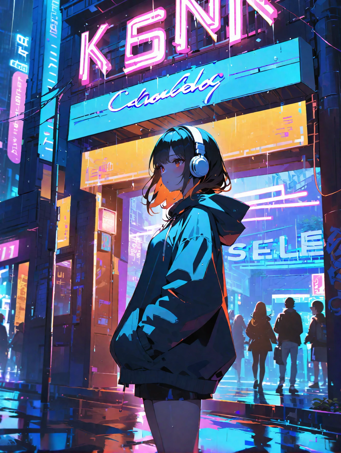 masterpiece,1girl,solo,incredibly absurdres,hoodie,headphones, street,outdoors,rain,neon lights,