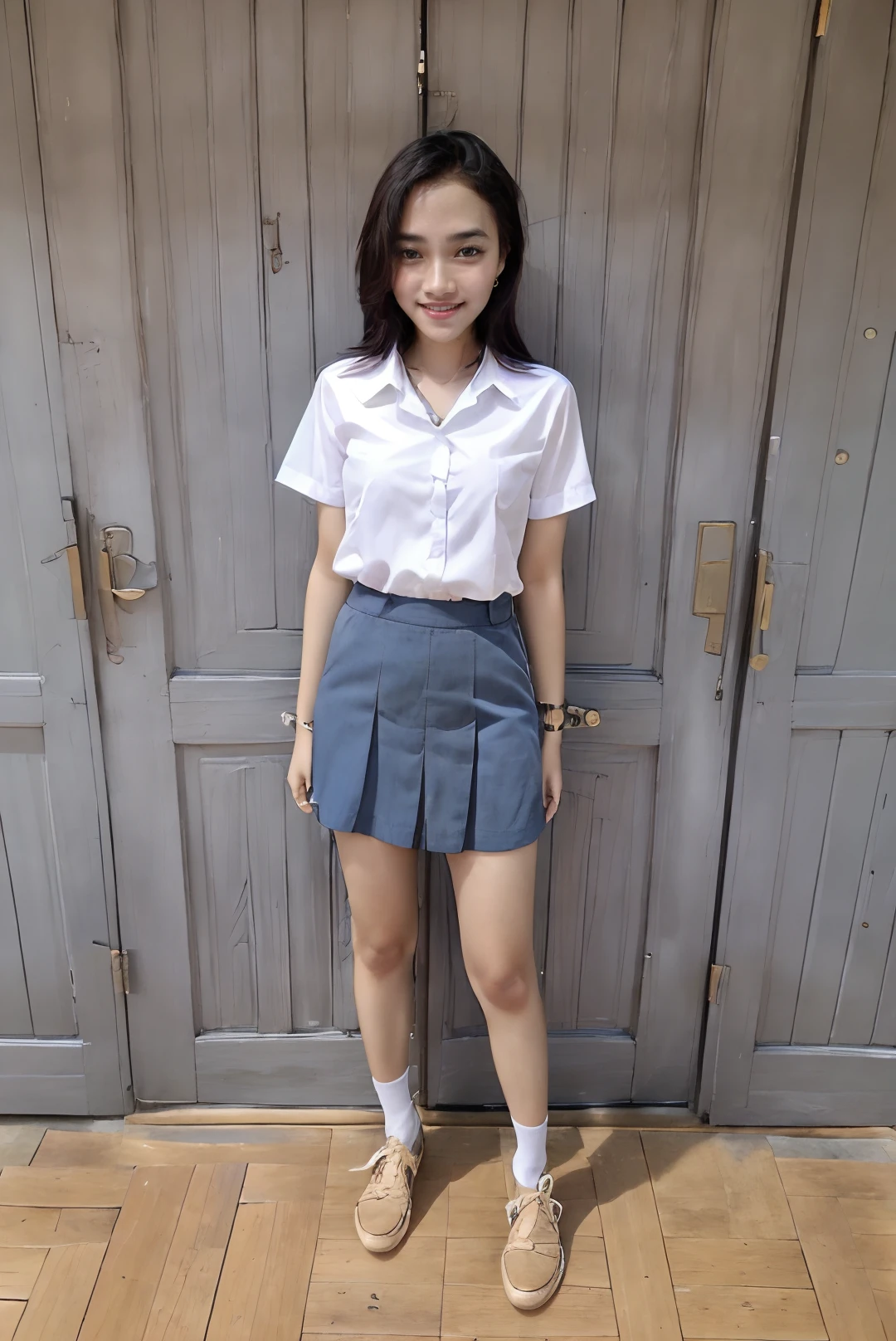 ((masterpiece)), ((best quality)), ((detailed)), ((realistic)), ((nikon RAW photo, 8K, Fujifilm XT3, HDR10+, high-res, depth of field, huge filesize, low-angle shot)), (1girl, solo, standing straight, arms at side, spreading arms), ((((full body:1.5), small breast:1.4, slender body:1.3, body height 163 cm, body weight 48 Kg, realistic body, 18 years old, 34D Cup))), (photorealistic:1.4), photorealism, photography, hyperrealistic, hyperdetailed, lots of details, extremely amazing finely detail, shoot by professional, professional photography, studio lighting, professional tuned lighting, outdoor, beach, sea wave background, perfection, best of the best, professional model, photo model, tuned by professional, lustful woman, arroused, seduced, flirty, seductive, tempt, naughty, cute, virgin, extremely delicate beautiful, a dashing collected professional beauty woman, Woman, Girl, neat, polite, nathania, medium hair, white shirt, white collared shirt, bluish gray skirt, white socks, black loafers, short sleeve, osis, bright smile, free pose, beautiful pose, clean clothes, proportional, tucked in, looking at camera, gold necklace, gold small earrings, beautiful smile, beautiful body, perfect body, teen, indonesian, Indonesia, <lora:Javanese_Girl_V2:0.8>