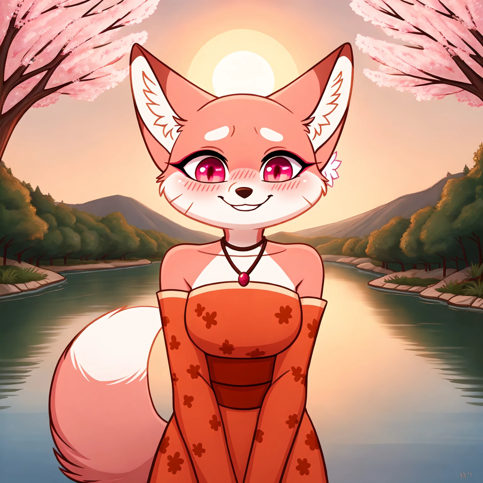 (best quality, high quality:1), <lora:fluffyrock-quality-tags-v3.0-vpred:1>, by hakkids2, fox, female, pink eyes, pink fur, white fur, two tone fur, flower in hair, necklace, chinese dress, red dress, long sleeves, bare shoulders, kitsune ae <lora:kitsune_ae_v1.1:0.6>, standing, outside, cherry blossom tree, river, smile, shy, blush, looking down, light_particles, sunrise