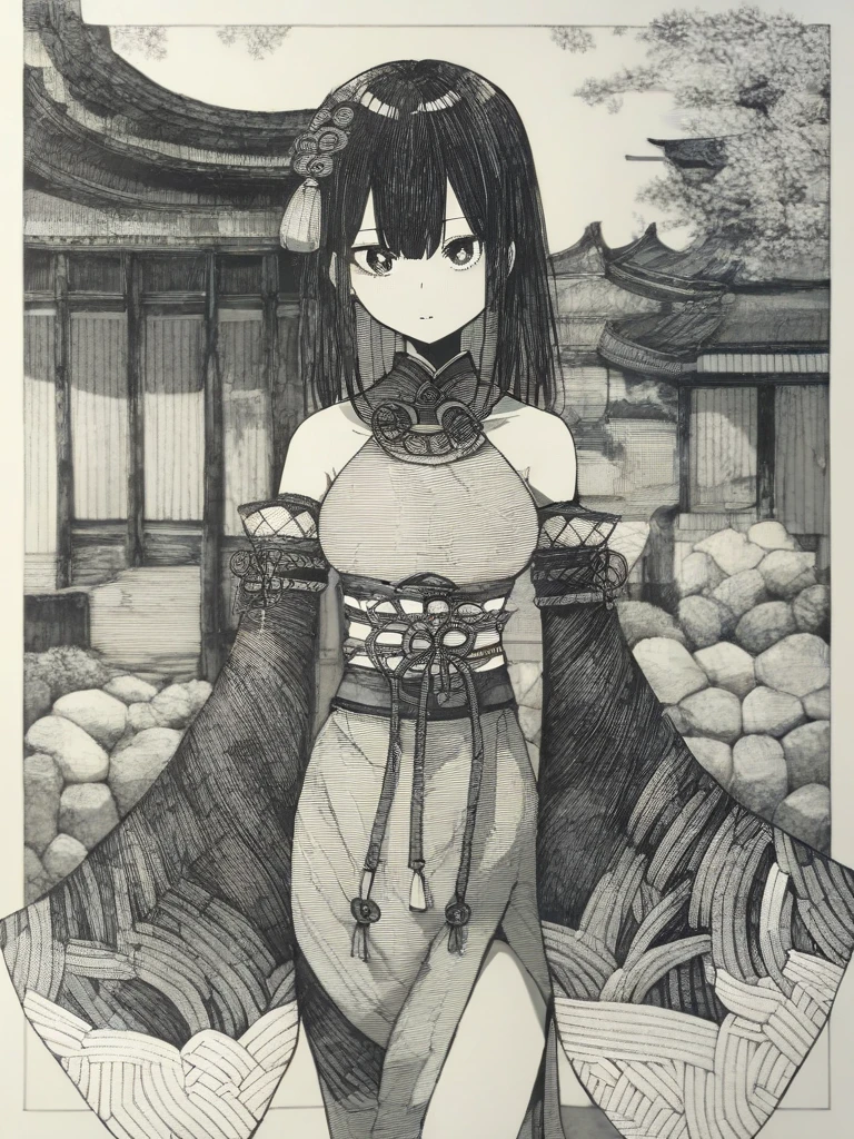 <lora:Epeulu-PonyXL-1024px:0.9>
score_5_up, 
1girl, solo, wearing japanese clothes, bare shoulders, detached sleeves, wide sleeves, outdoors, temple background