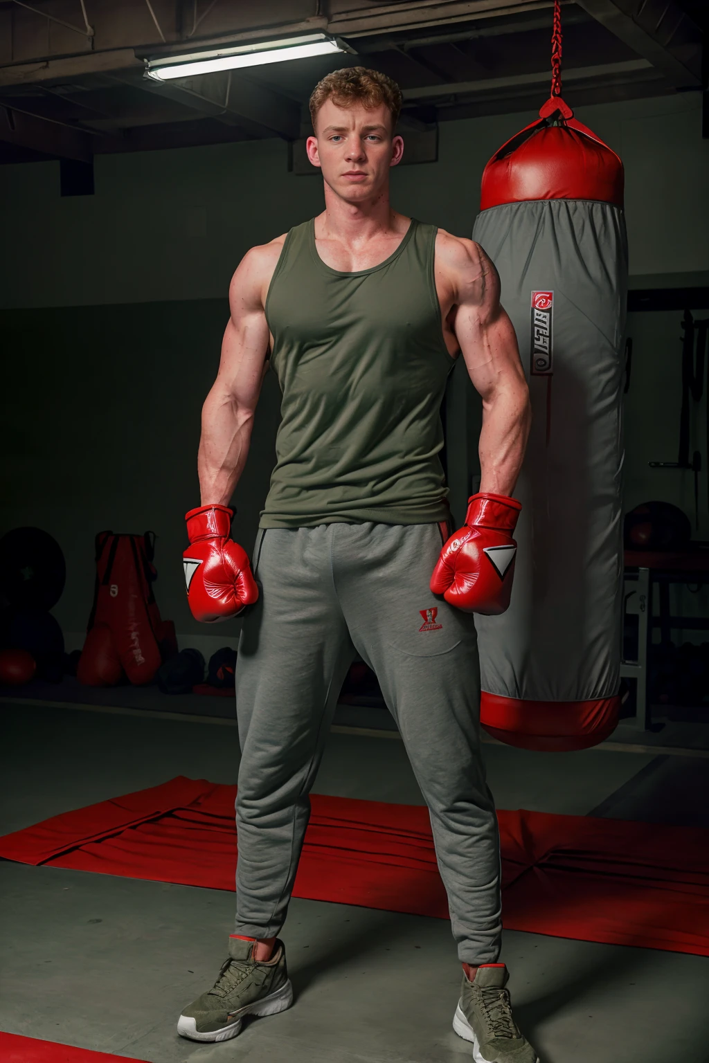 military gym, army gym, weight machines in the background, high ceiling, sweaty, TomSutcliffe is a boxer, wearing (red boxing gloves), (gray sweatpants), ((drab green tank top)), (red boxing shoes), punching bag, (((full body portrait))), wide angle  <lora:TomSutcliffe:0.8>  <lora:Clothing - Sexy Soldier_v1:0.15>  <lora:Clothing - Sexy Personal Trainer:0.15>