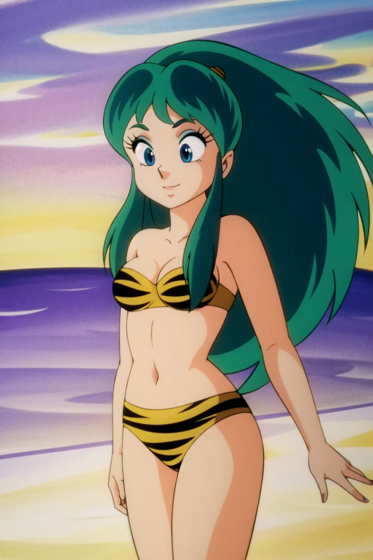 1girl, Lum, green hair, Tiger Stripped Bikini, Beach sunset, Confident, Standing tall, proud, and a self-assured smile, portrait, Dramatic lighting, Glowing particles, Particles, Color mix, Bright colors, Bloom, Colorful, Depth of field, highres, 1981, <lora:LumR:0.8>