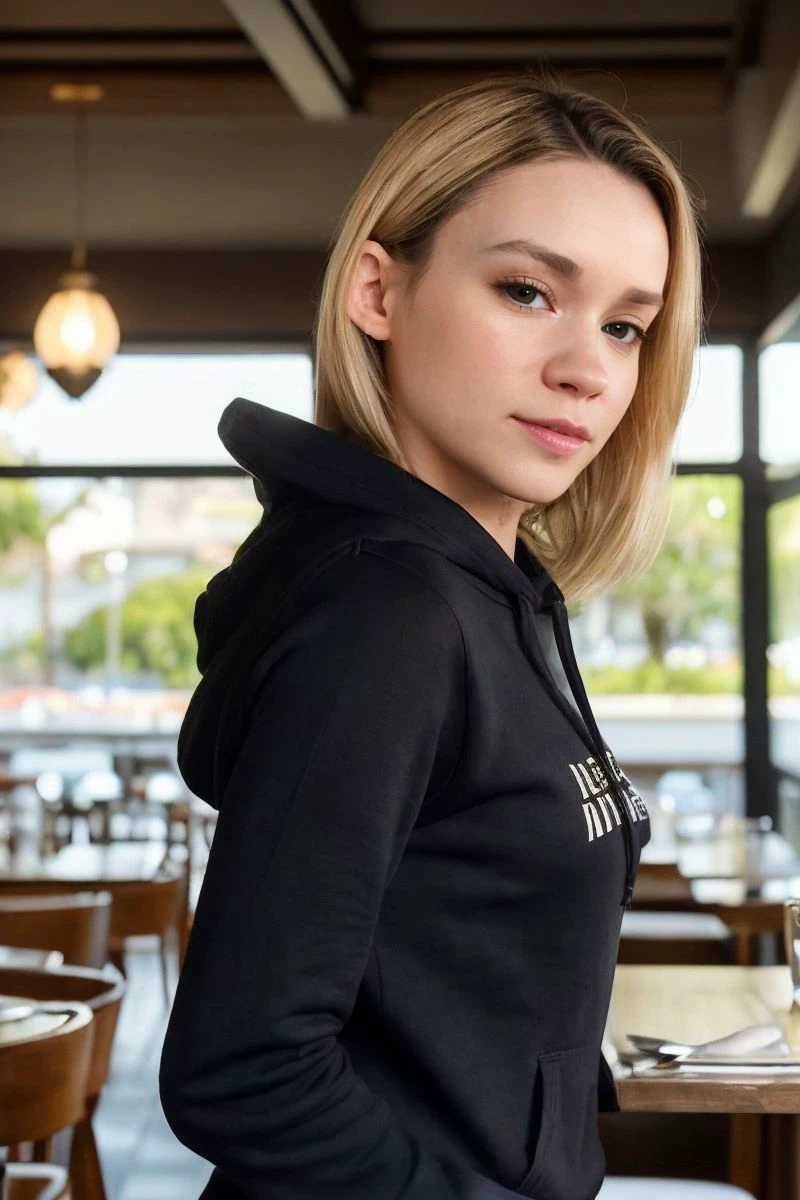 headshot of S350_KhloeKingsley,a stunning woman,in a (restaurant:1.1),wearing a (hoodie:1.1),(4k, RAW photo, best quality, depth of field, ultra high res:1.1),(absurdres, intricate, photorealistic, masterpiece, ultra-detailed:1.1),