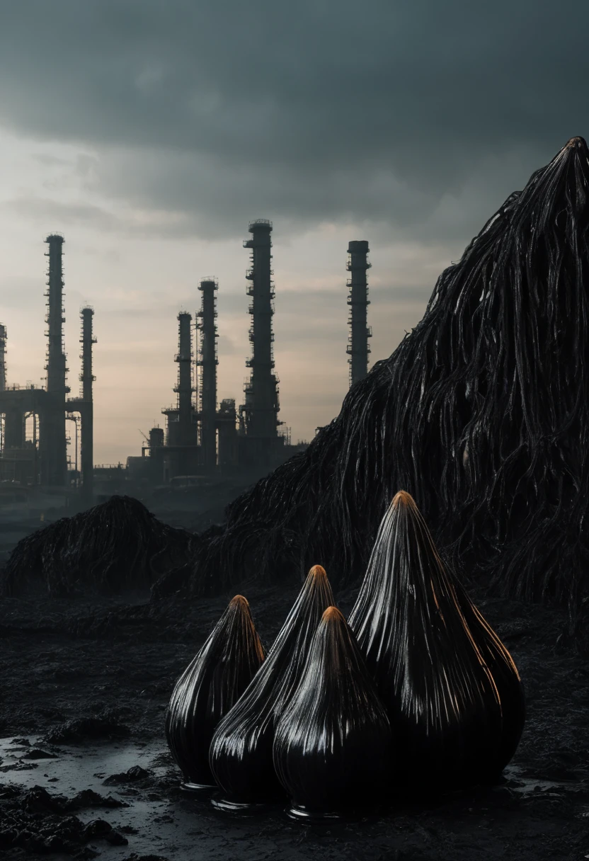 (evil cosmic horror made from black oil, (inspired by hr giger:1.3), (egg pods made from black slime:1.5), razor sharp teeth), barren landscape, (oil wells, oil pump, destroyed oil refinery in the distance:1.2), tar pits and poisonous fumes, ash, lifeless and dead, dead twisted trees, cinematic film still, directed by Denis Villeneuve|Zack Snyder, steampunk masterpiece, (victorian style:1.2),