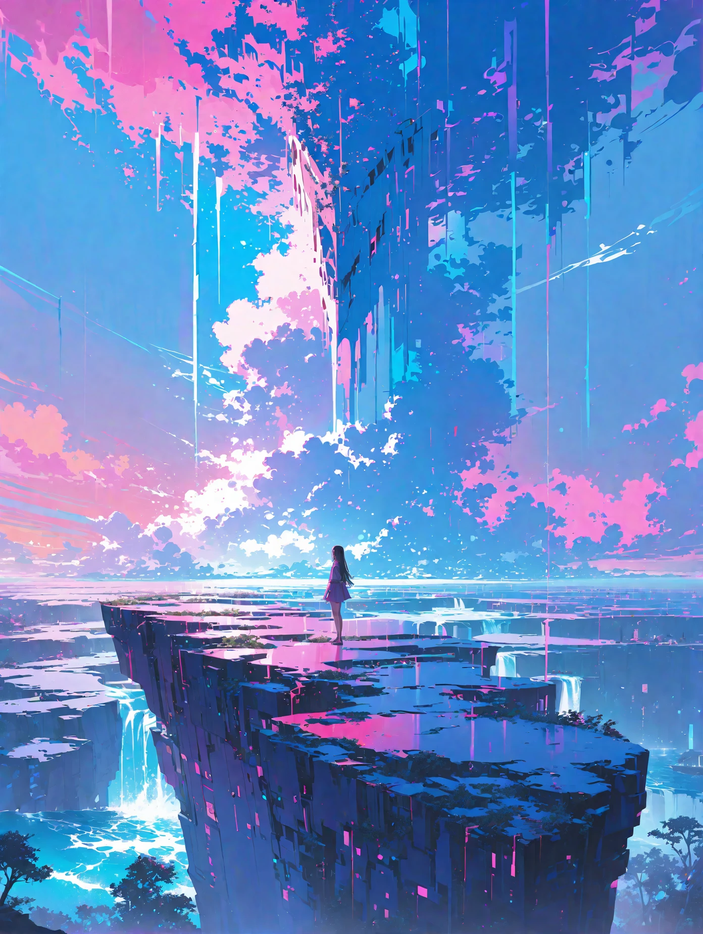 masterpiece,ultra realistic,32k,extremely detailed CG unity 8k wallpaper,best quality,wide shot,1 girl stand on cliff edge,she is very beautiful,she like blood and sea,bloody rain,mystical,fanatic,intricate,surreal,delicate,lofi color,neon color