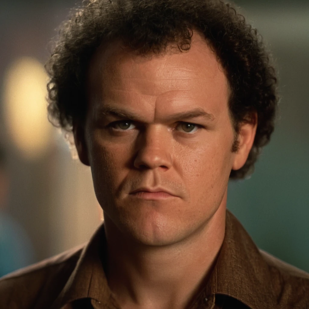 cinematic film still of <lora:Boogie Nights:1>
In the 1970's Reed Rothchild John C. Reilly a closeup of a man with curly hair and a brown shirt,solo,looking at viewer,black hair,1boy,male focus,parted lips,teeth,indoors,blurry,blurry background,facial hair,portrait,realistic,afro , dramatic light, dramatic shadow light, contrast, cinematic color, cinematic look, filmic, realistic, realism, perfection, perfect, Kodak, Kodak film, movie still, Boogie Nights style, Boogie Nights Film style, shallow depth of field, vignette, highly detailed, high budget, bokeh, cinemascope, moody, epic, gorgeous, film grain, grainy